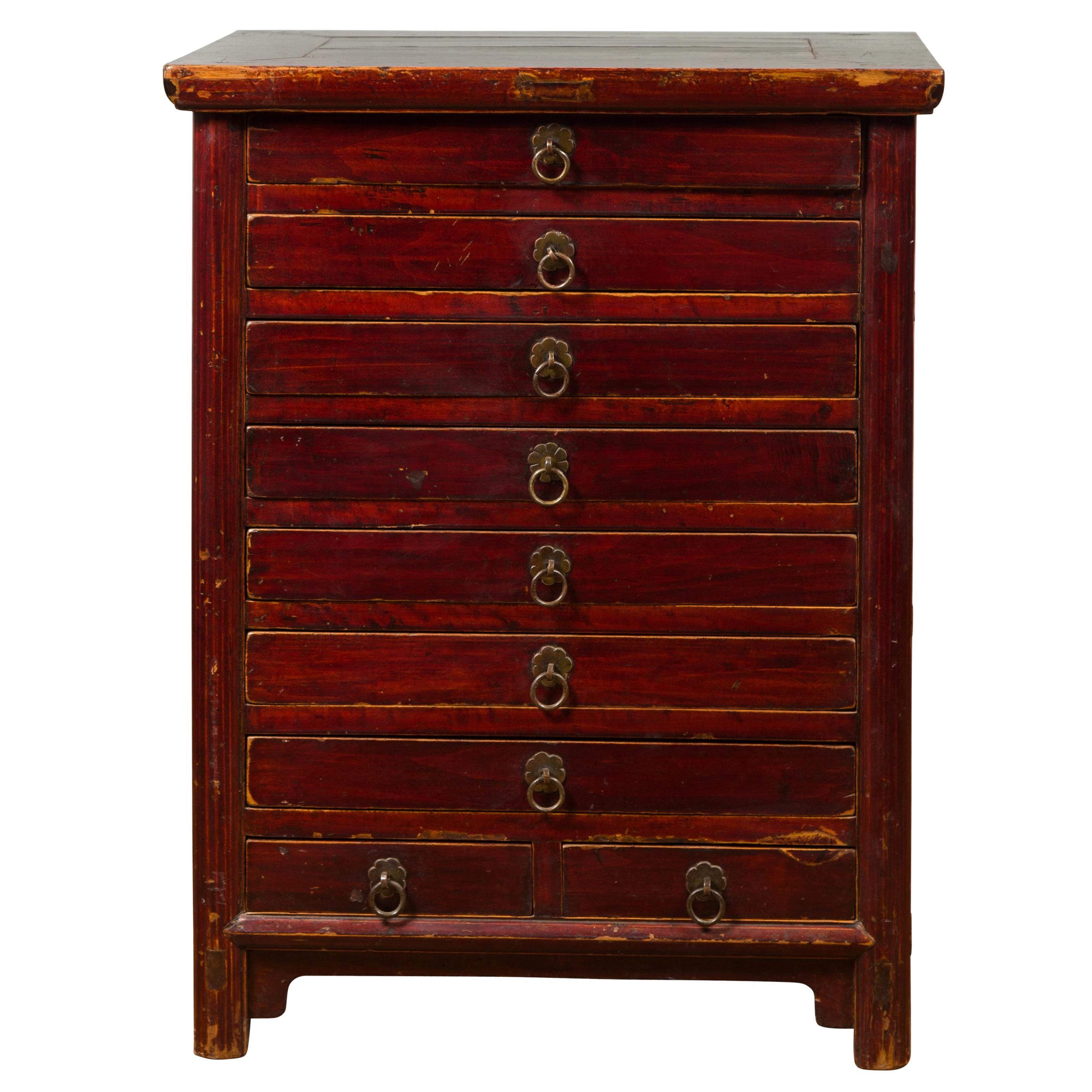 Chinese Qing Lacquered Elm Nine-Drawer Clothing Chest with Bronze Hardware