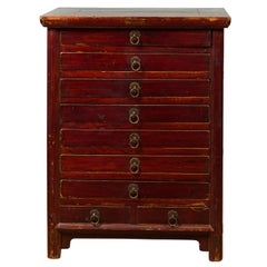 Chinese Qing Lacquered Elm Nine-Drawer Clothing Chest with Bronze Hardware