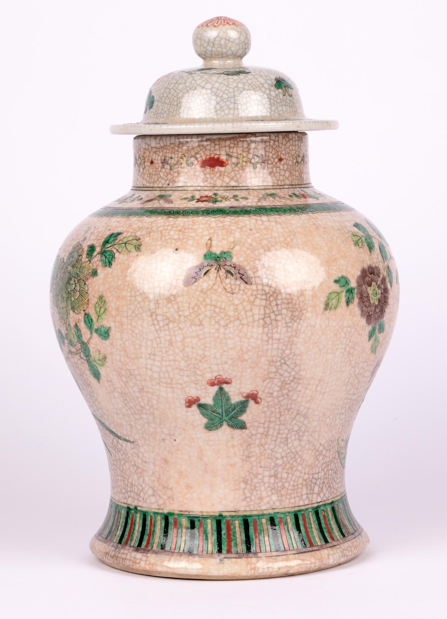 Chinese Qing Large Craquel Glazed Porcelain Lidded Jar with Birds For Sale 12