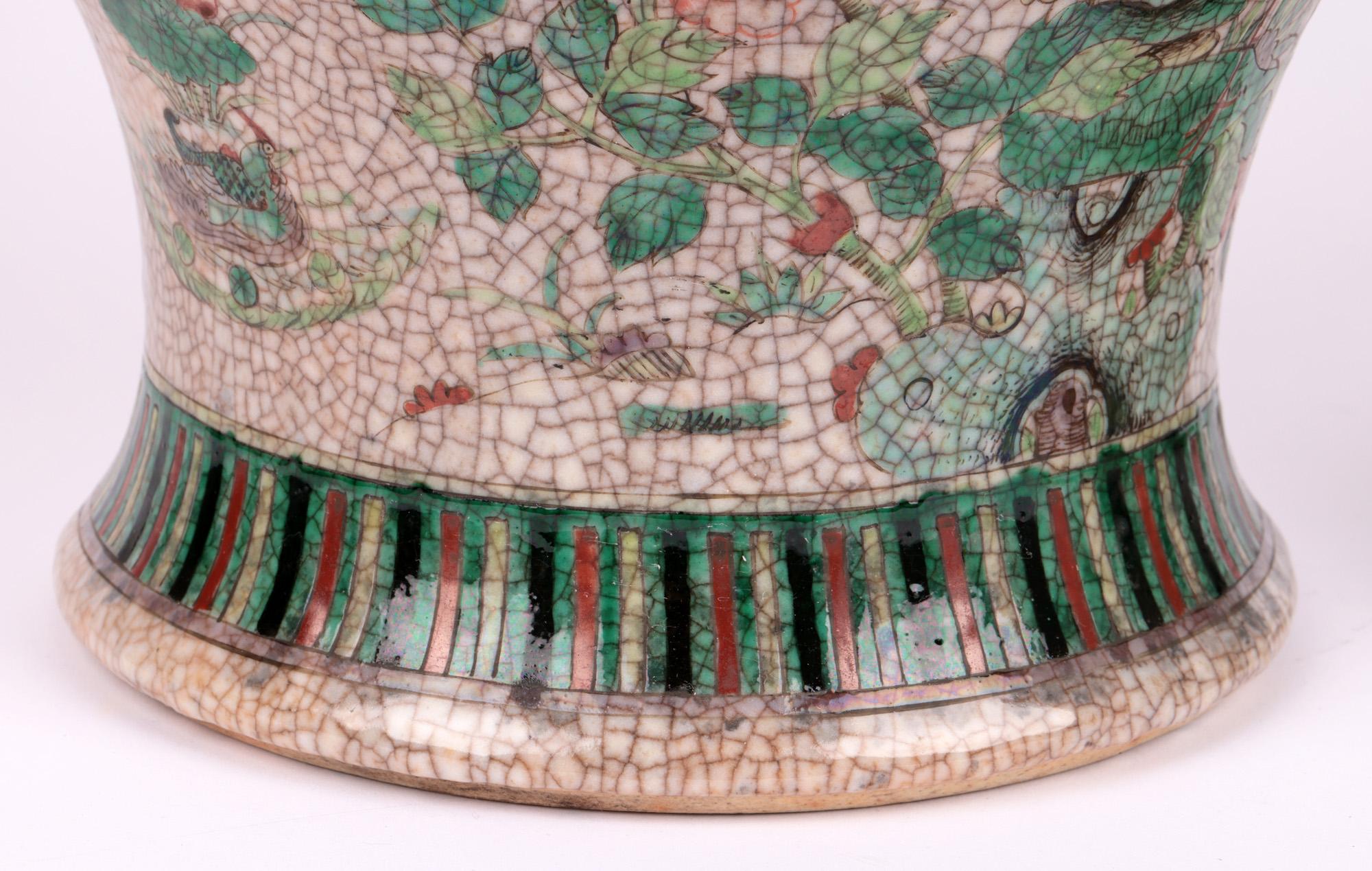 19th Century Chinese Qing Large Craquel Glazed Porcelain Lidded Jar with Birds For Sale