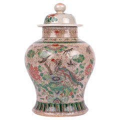 Chinese Qing Large Craquel Glazed Porcelain Lidded Jar with Birds