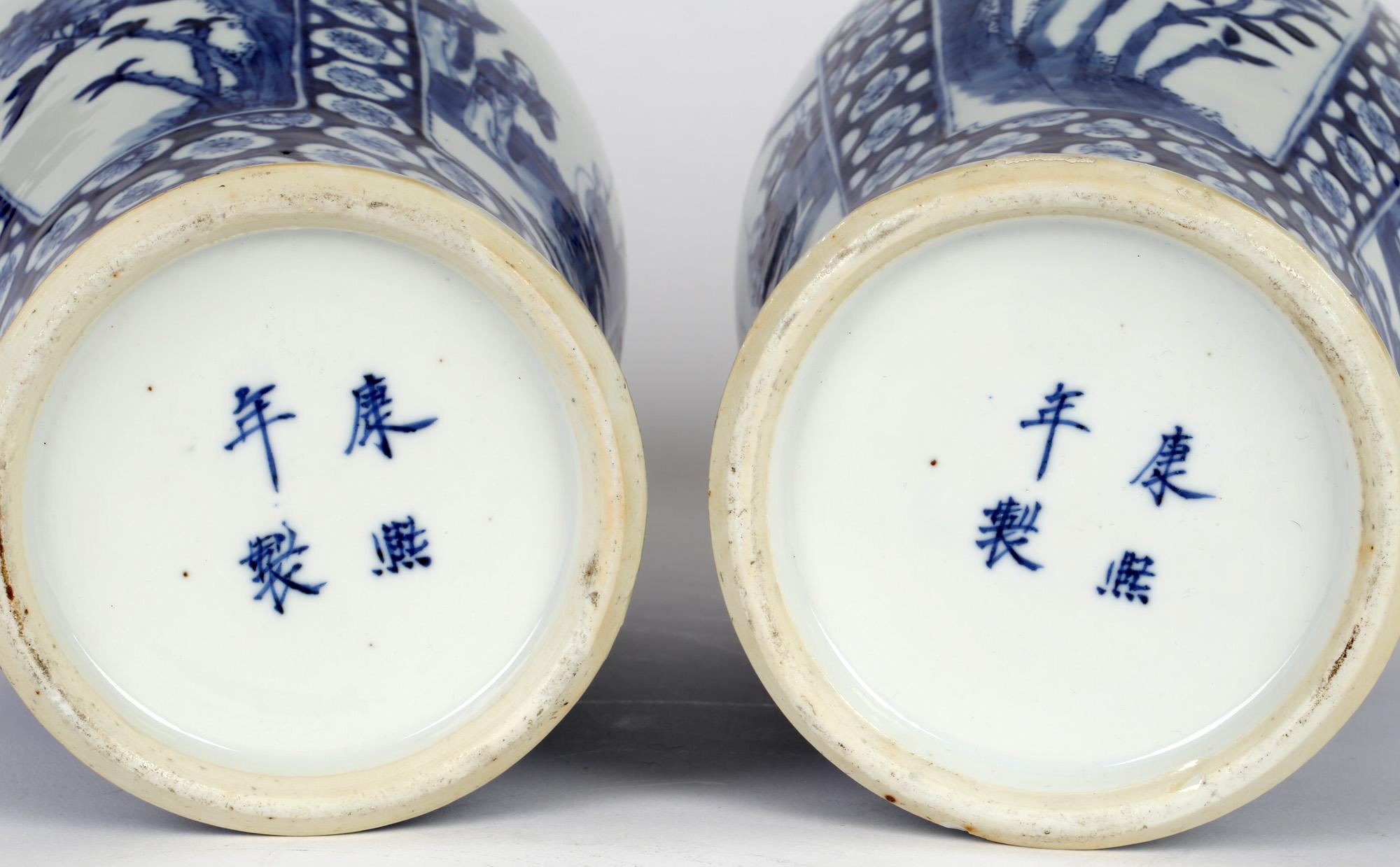 Chinese Qing Large Impressive Pair Porcelain Blue & White Vases Kangxi Mark 3