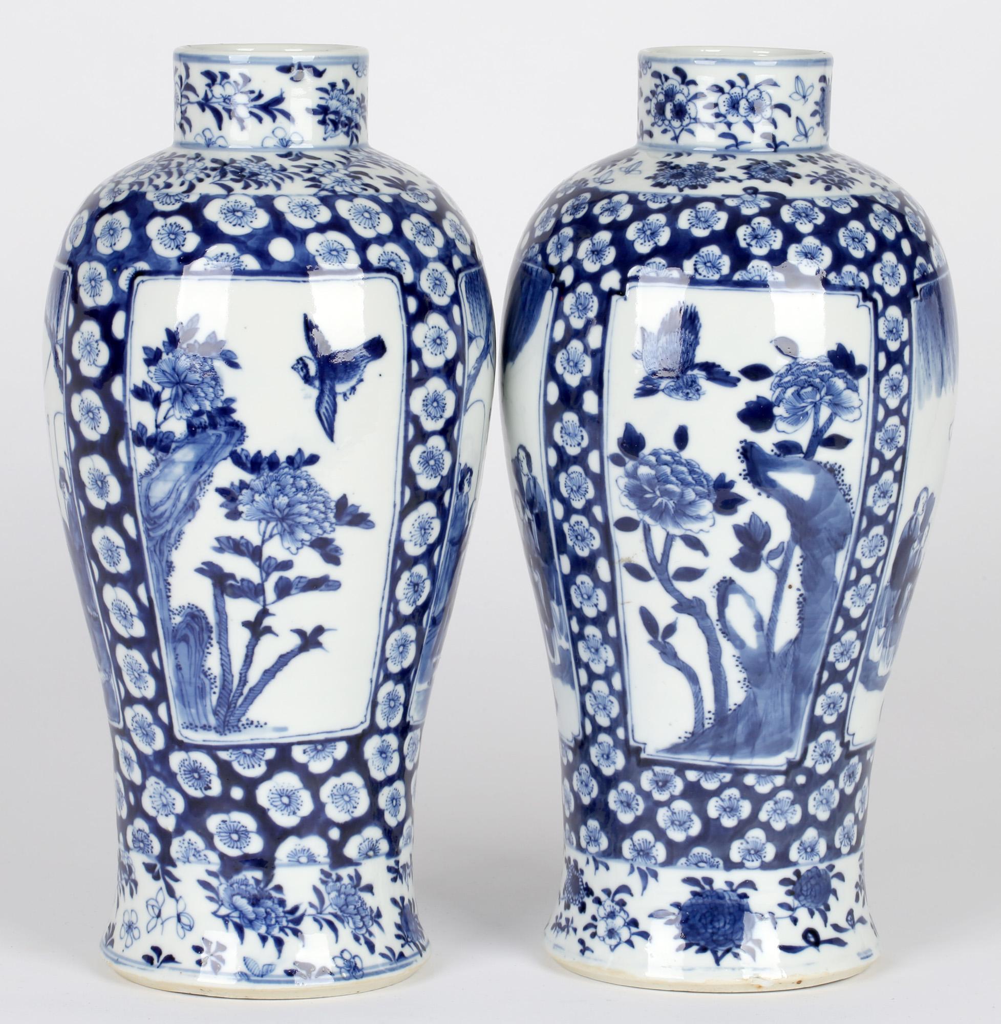 Chinese Qing Large Impressive Pair Porcelain Blue & White Vases Kangxi Mark 4