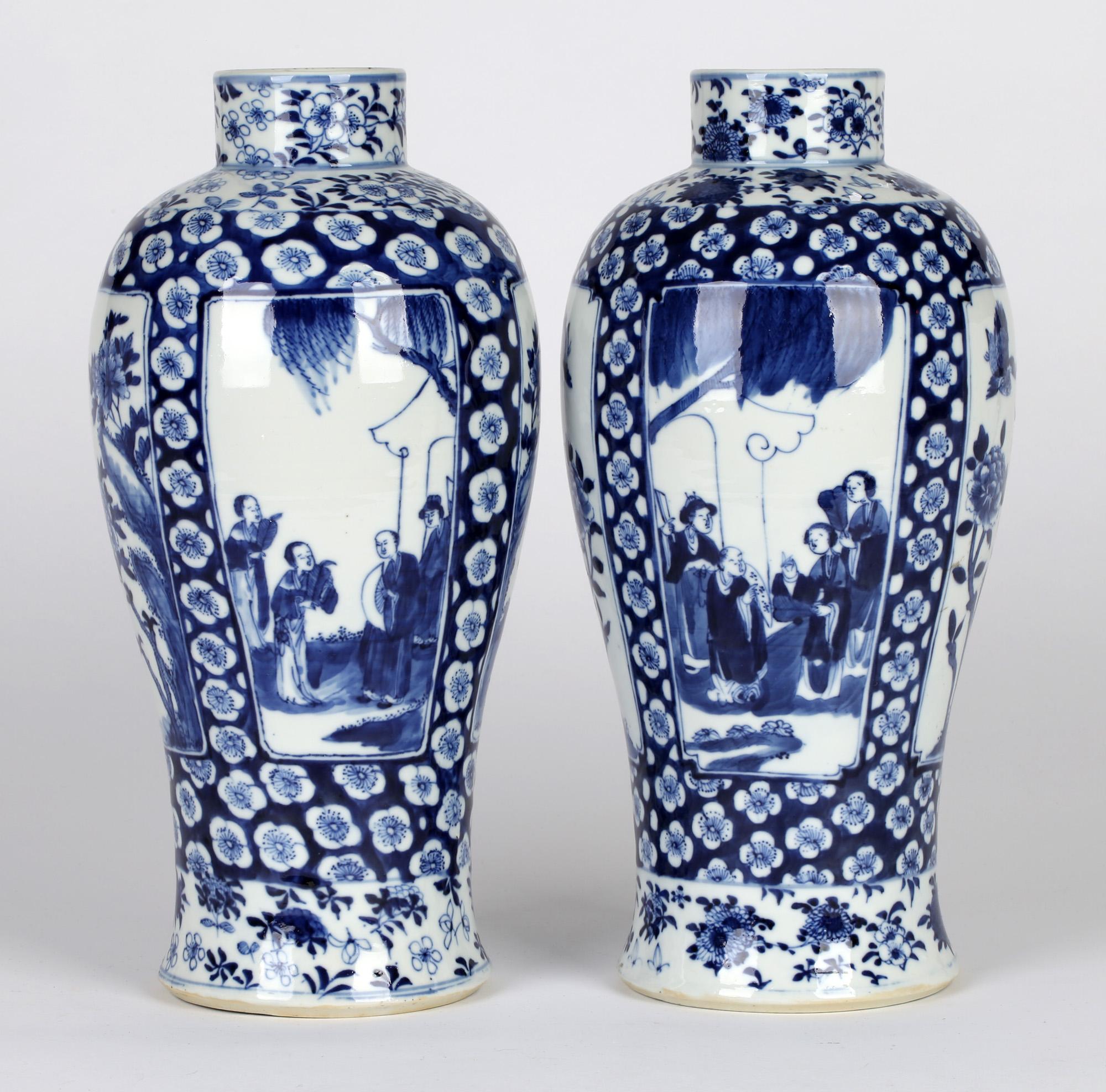 Chinese Qing Large Impressive Pair Porcelain Blue & White Vases Kangxi Mark 5