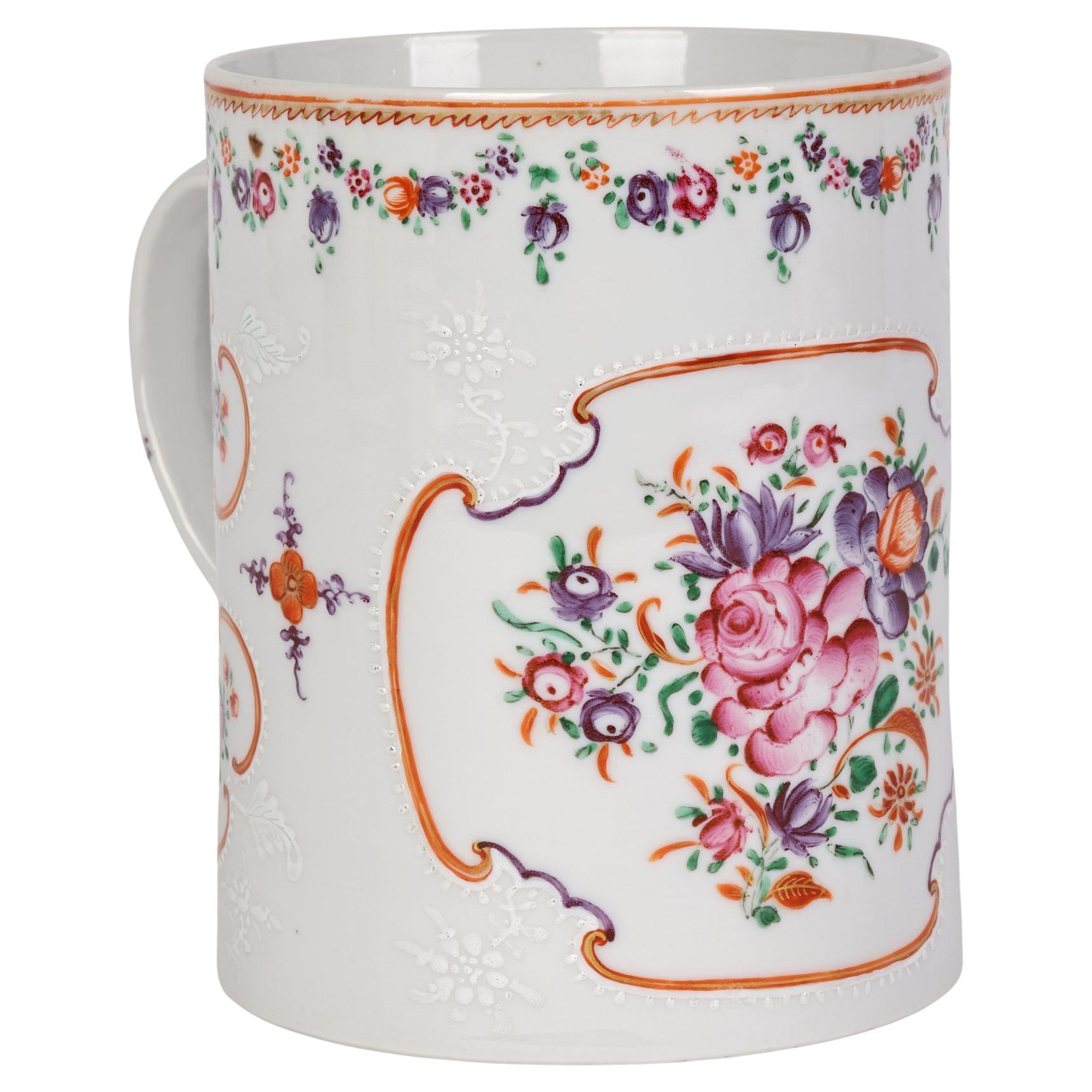 Chinese Qing Large Porcelain Floral Painted Cylindrical Mug For Sale