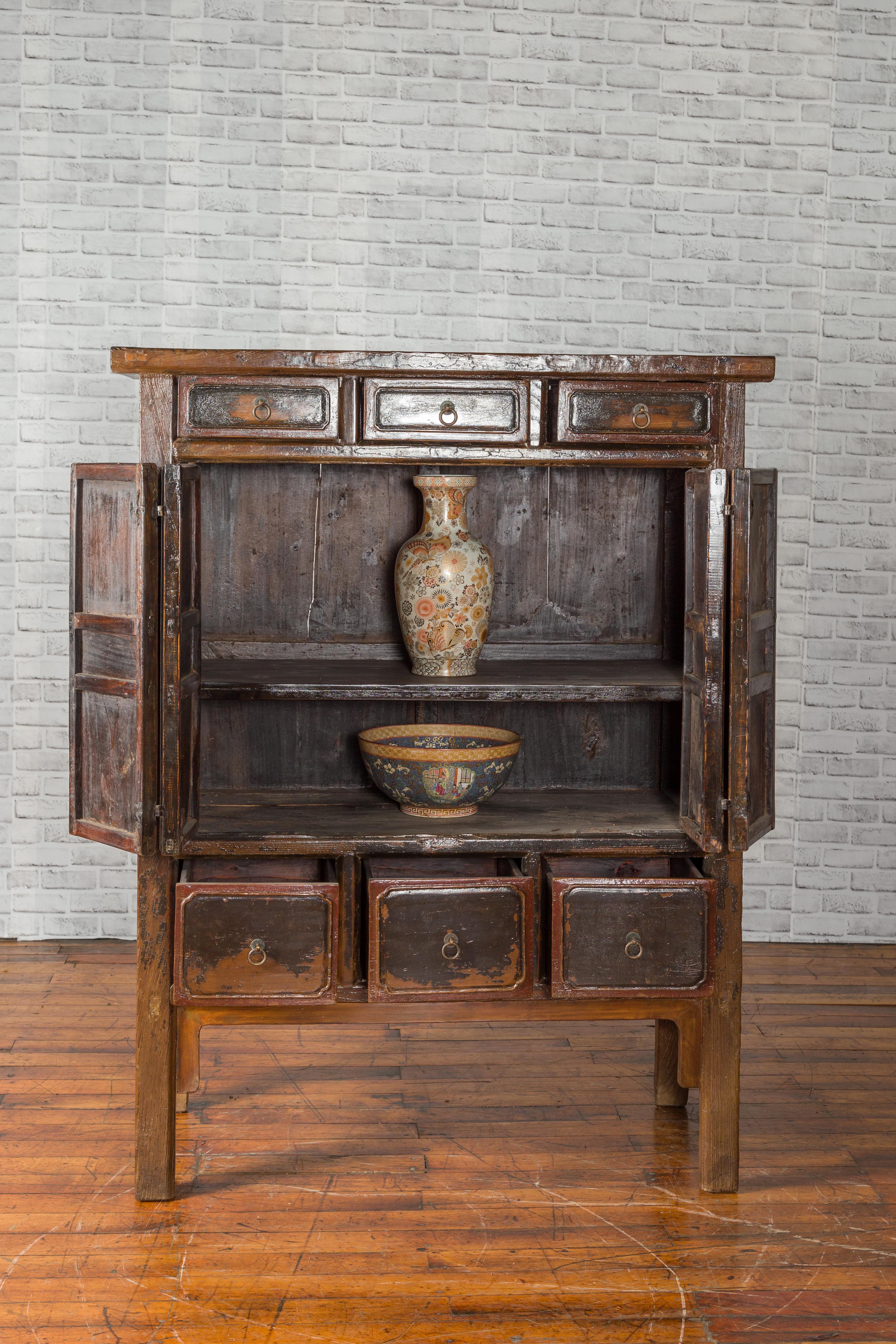 Lacquered Chinese Qing Mid-19th Century Cabinet with Distressed Patina, Doors and Drawers For Sale