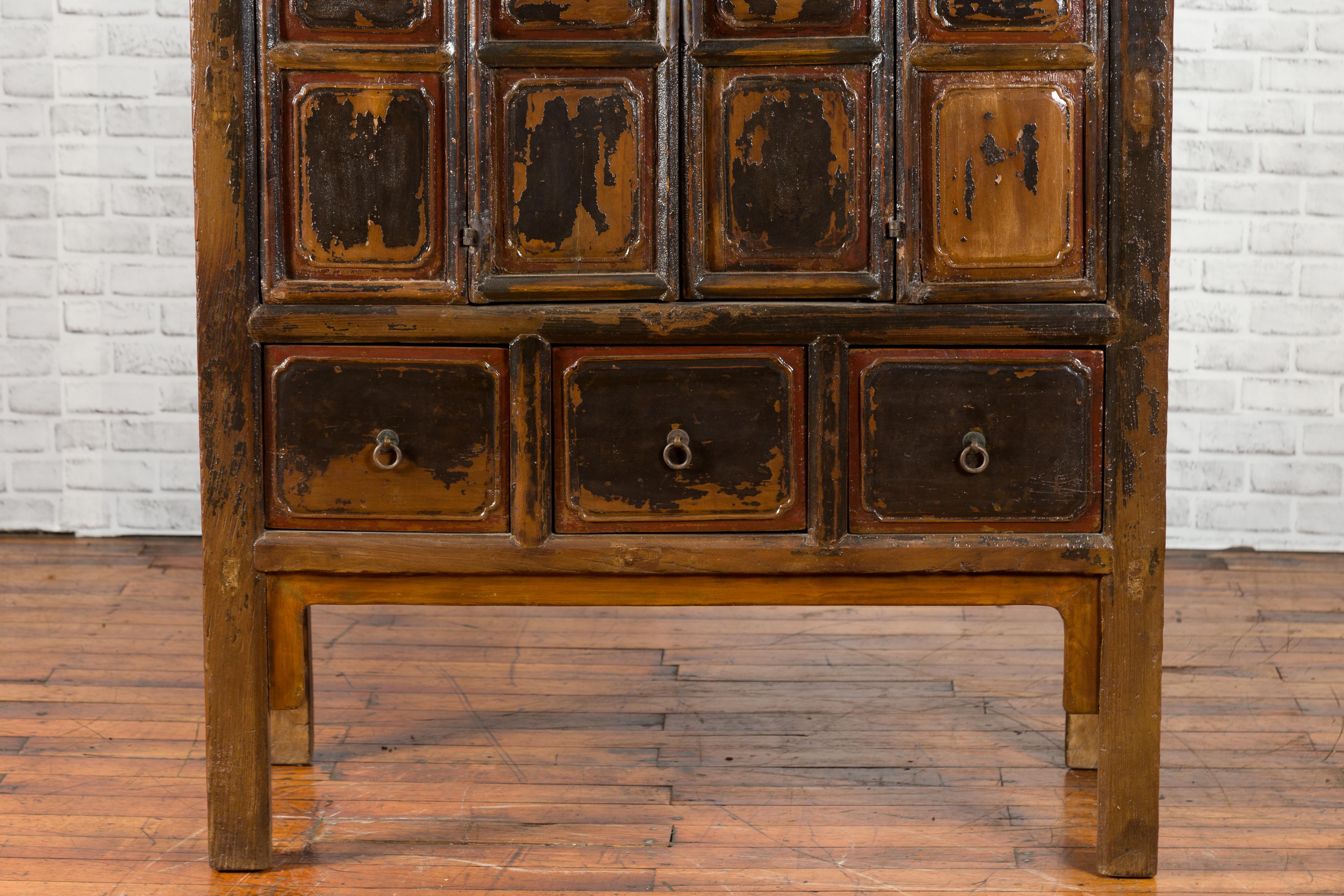 Wood Chinese Qing Mid-19th Century Cabinet with Distressed Patina, Doors and Drawers For Sale