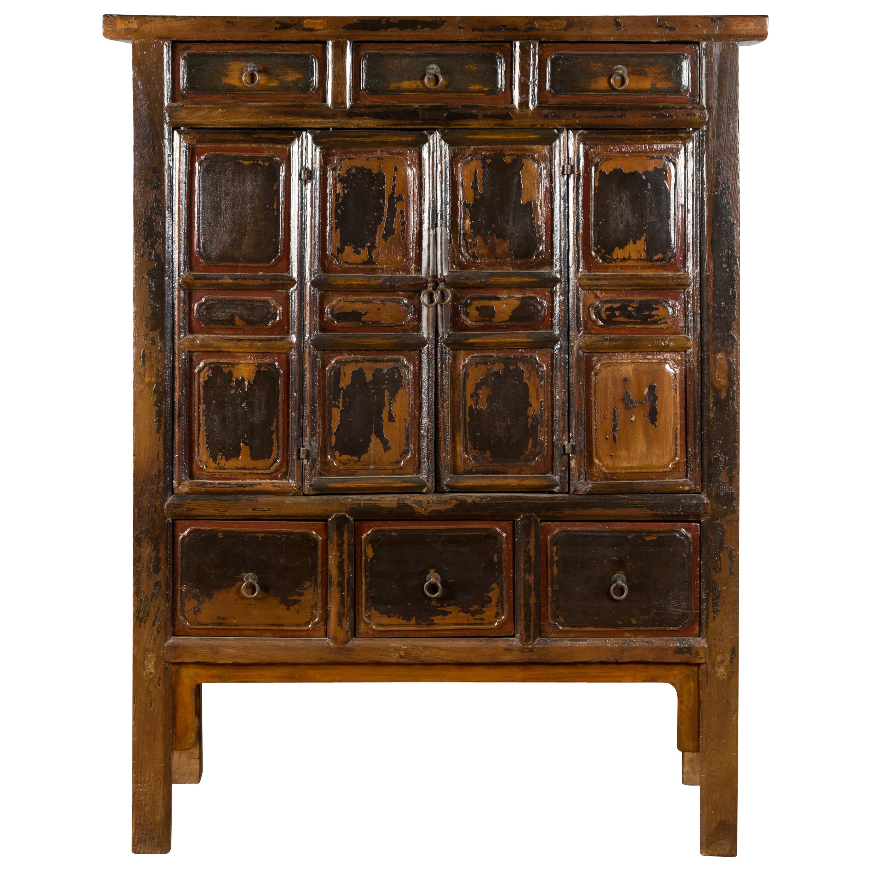 Chinese Qing Mid-19th Century Cabinet with Distressed Patina, Doors and Drawers For Sale