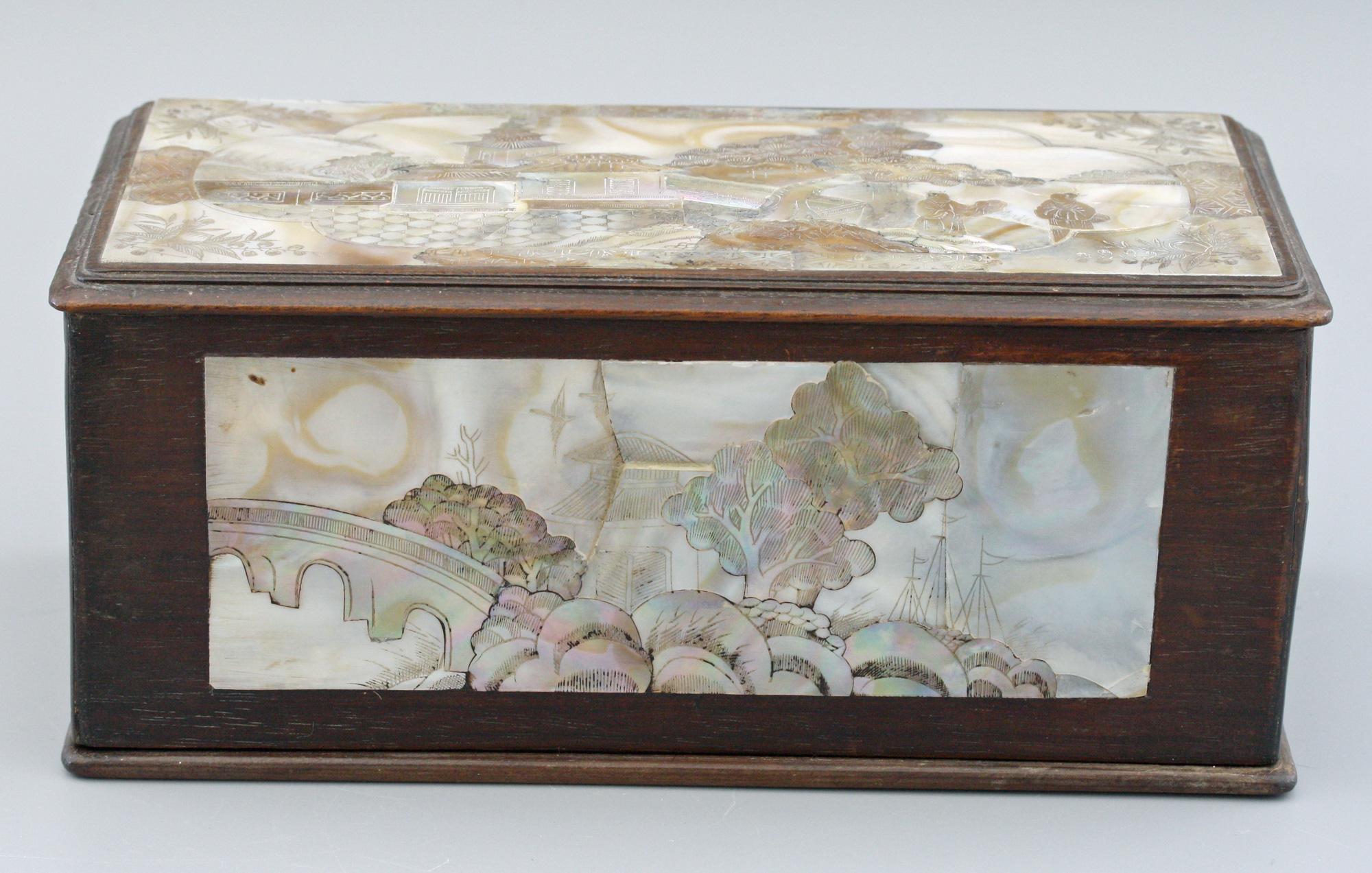 Chinese Qing Mother of Pearl Inset Wooden Glove Box  For Sale 4