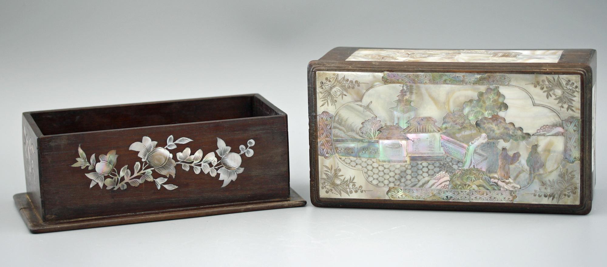 Chinese Qing Mother of Pearl Inset Wooden Glove Box  For Sale 5