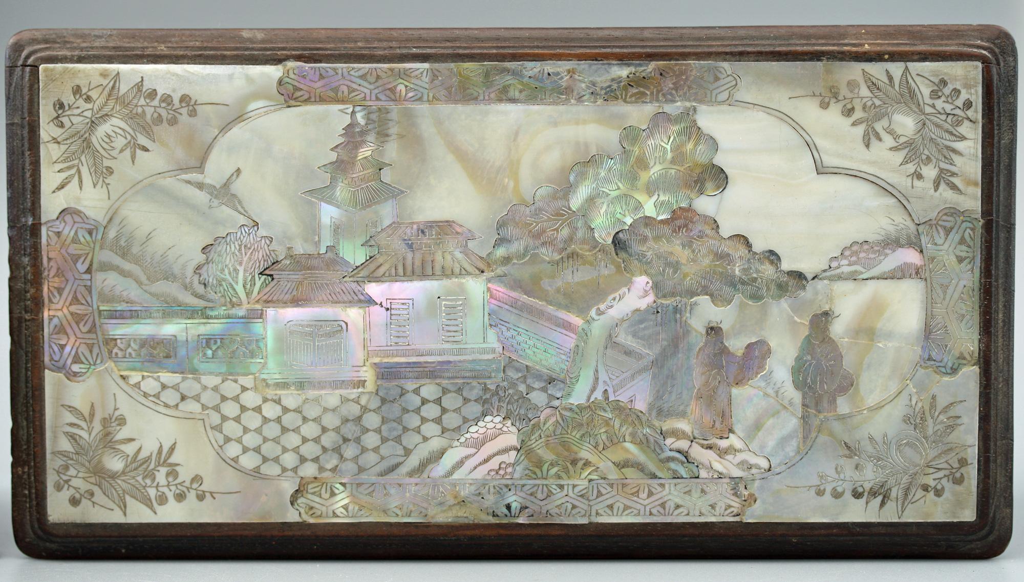 Chinese Qing Mother of Pearl Inset Wooden Glove Box  For Sale 6