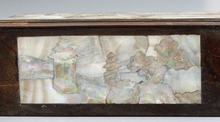 19th Century Chinese Qing Mother of Pearl Inset Wooden Glove Box  For Sale