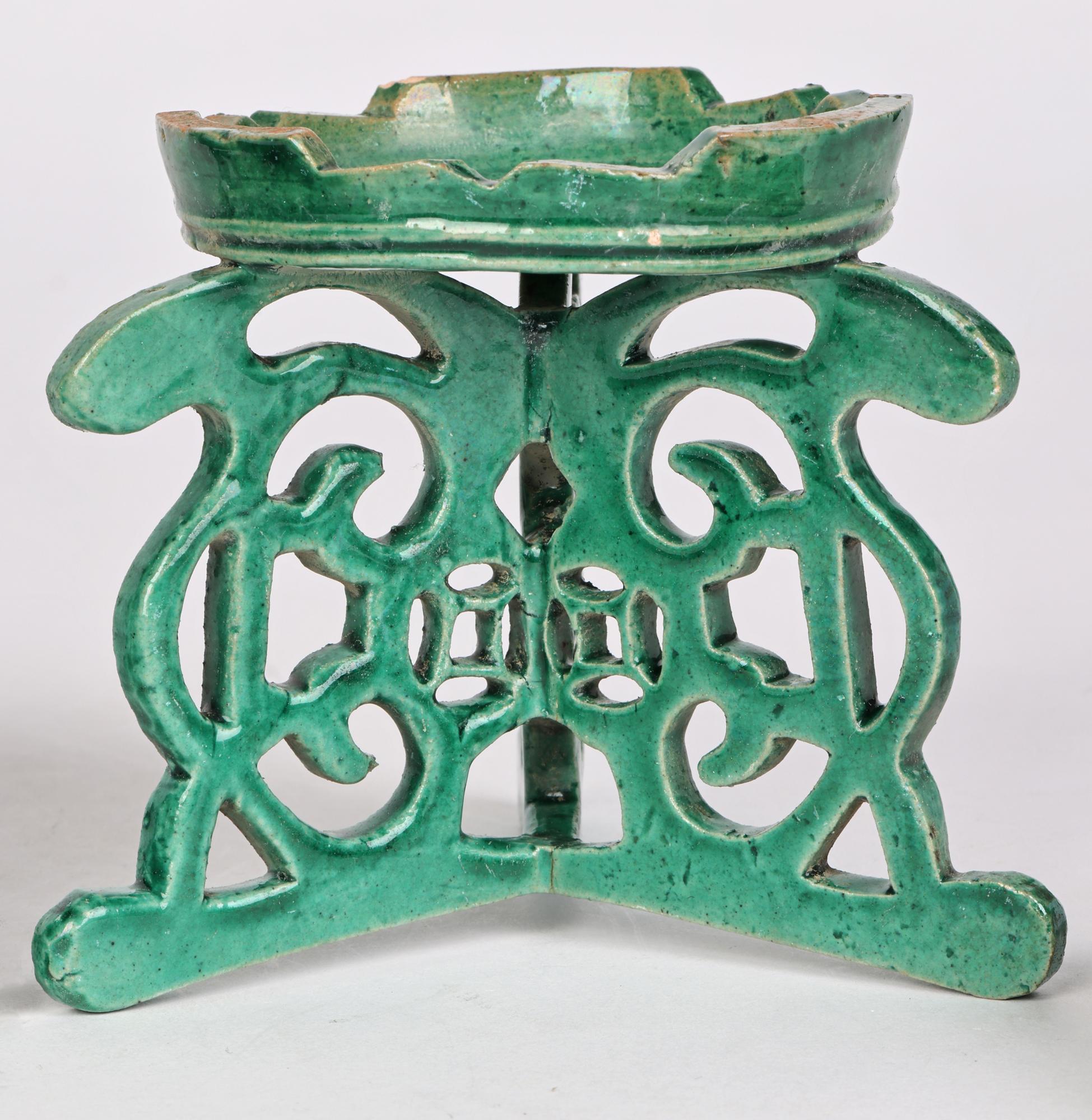 Chinese Qing Pair Green Glazed Altar Stands and Dishes 13