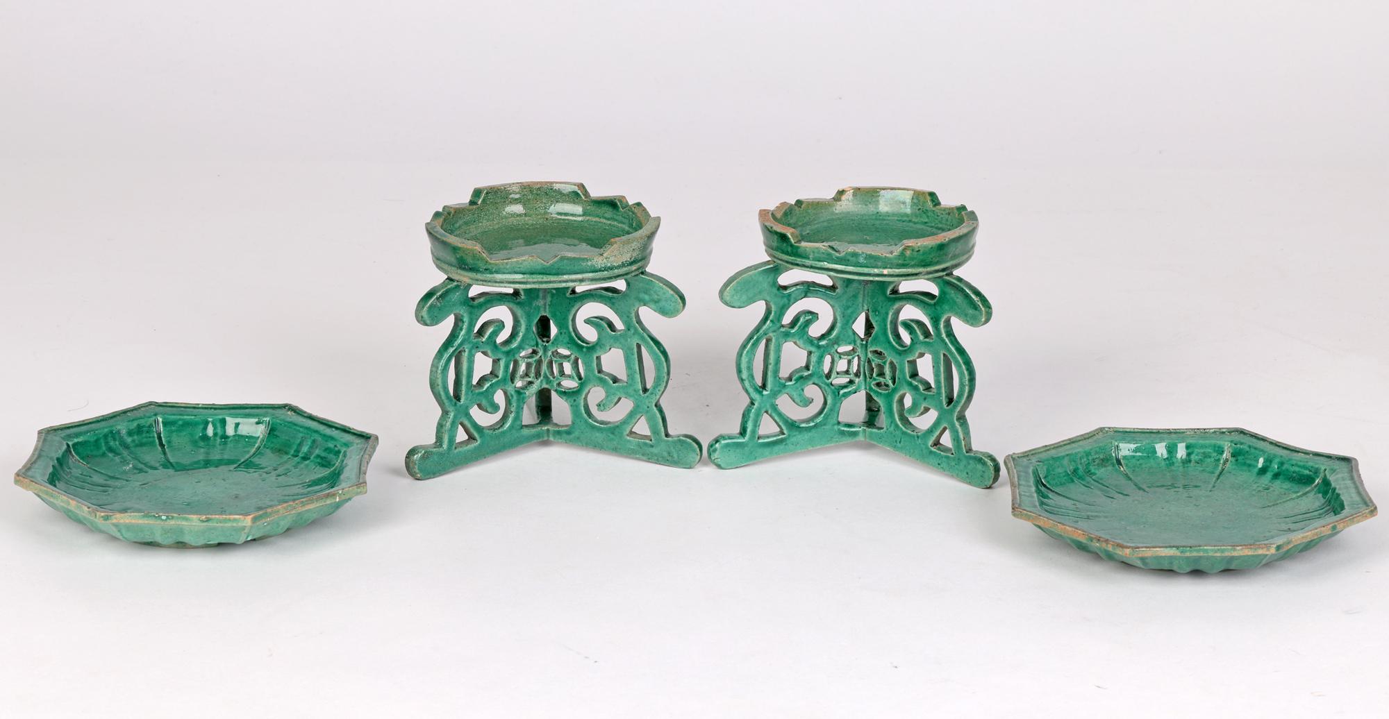 Ceramic Chinese Qing Pair Green Glazed Altar Stands and Dishes