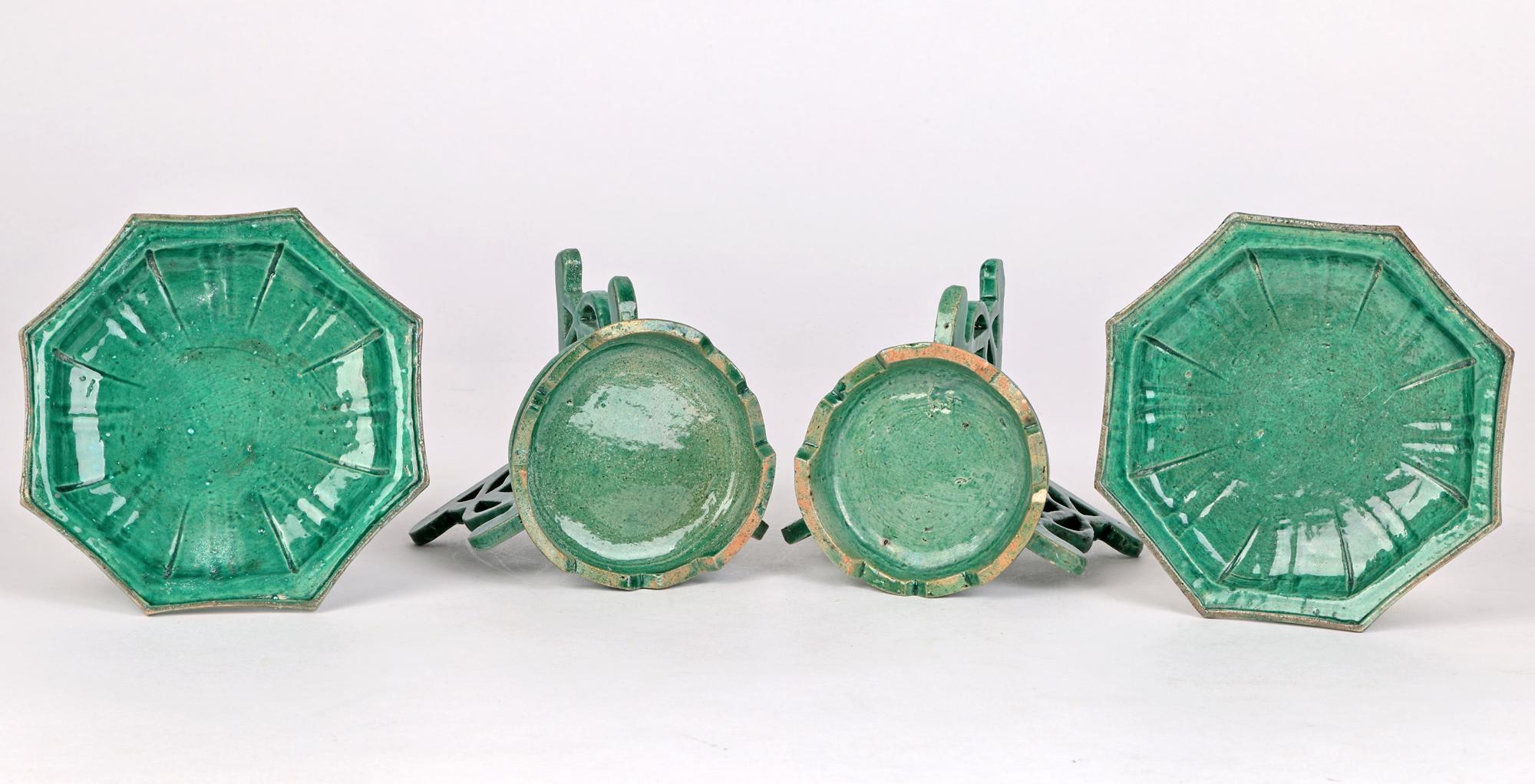 Chinese Qing Pair Green Glazed Altar Stands and Dishes 1
