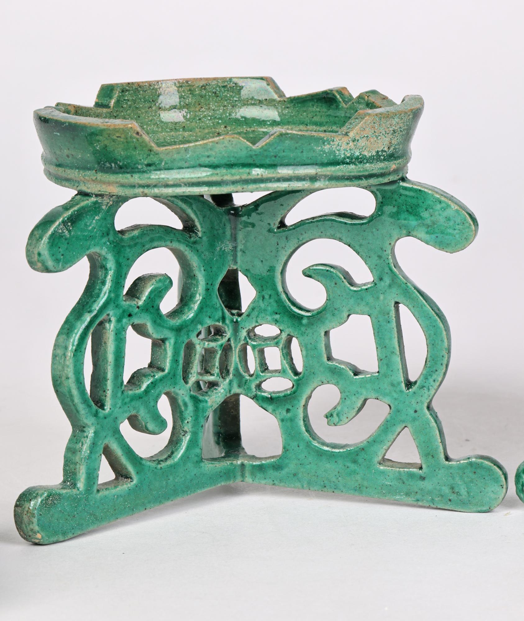 Chinese Qing Pair Green Glazed Altar Stands and Dishes 3