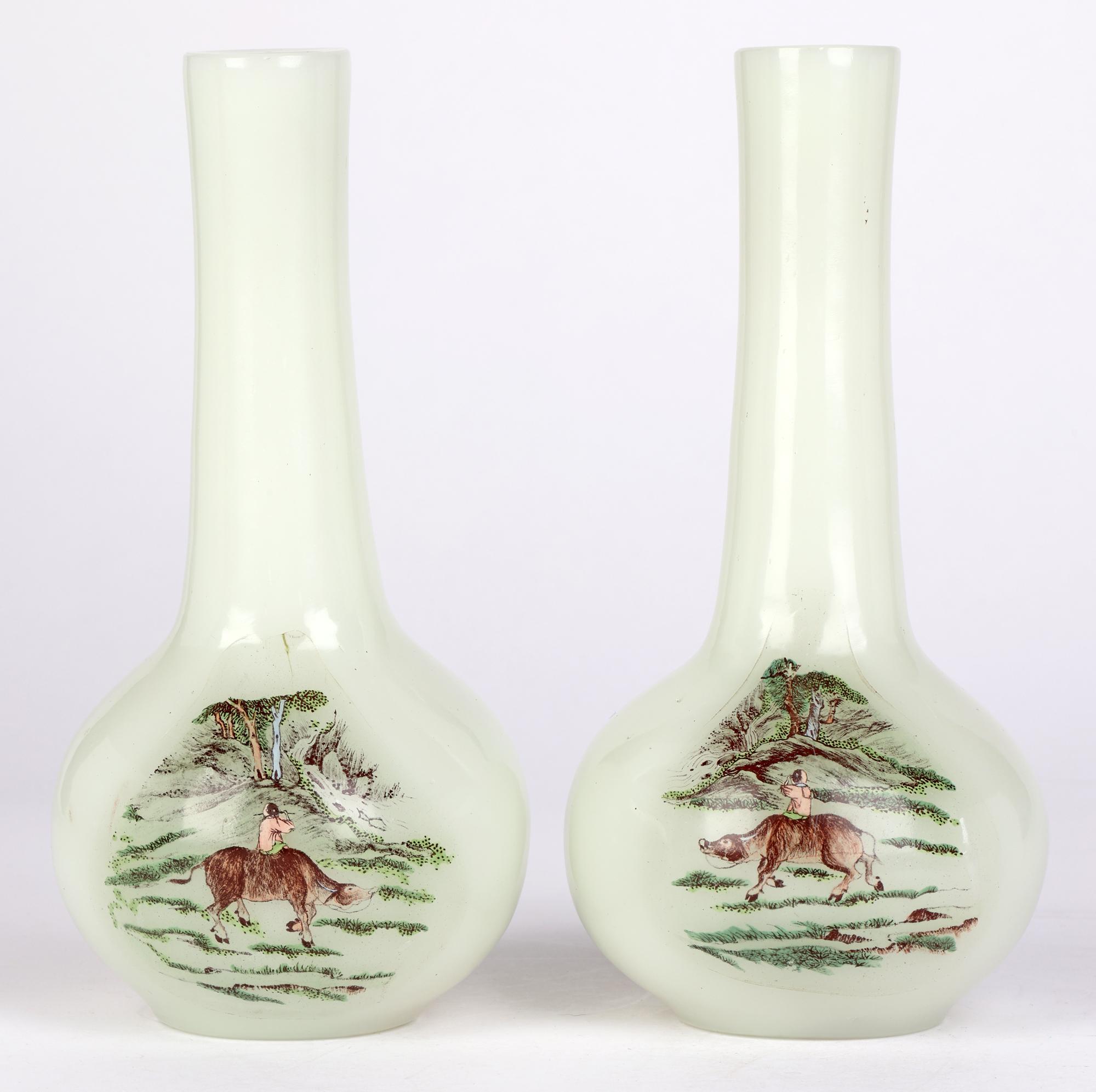 Chinese Qing Pair Hand Painted Peking Glass Onion Shape Vases For Sale 4