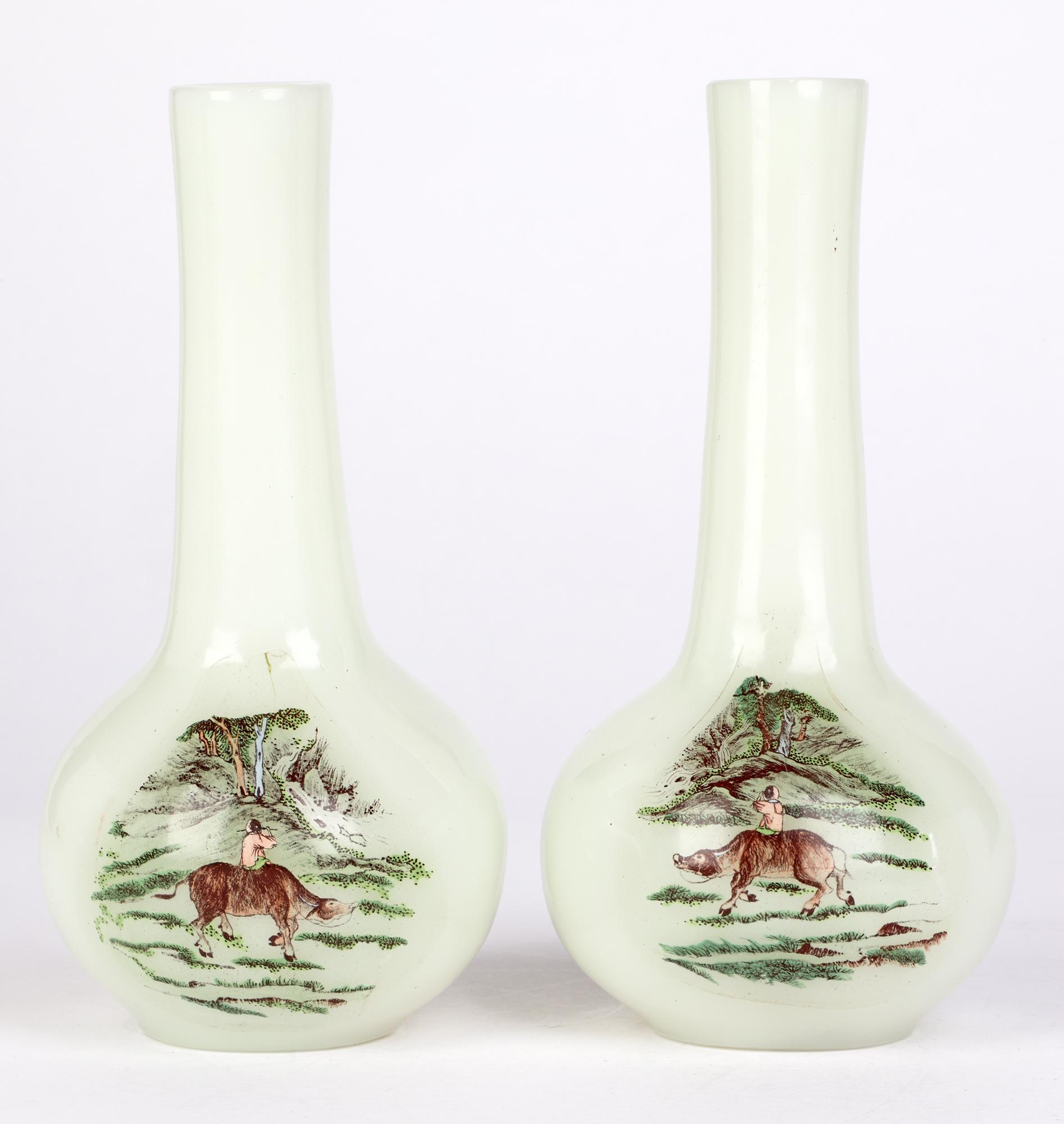 Chinese Qing Pair Hand Painted Peking Glass Onion Shape Vases For Sale 11