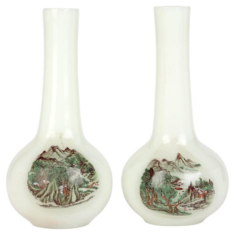 Chinese Qing Pair Hand Painted Peking Glass Onion Shape Vases For Sale