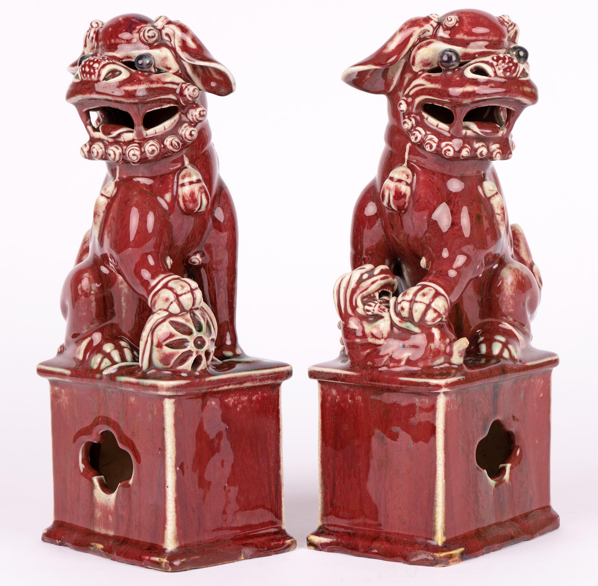 Chinese Qing Pair Jun-Ware Liver Red Glazed Foo Dogs For Sale 1