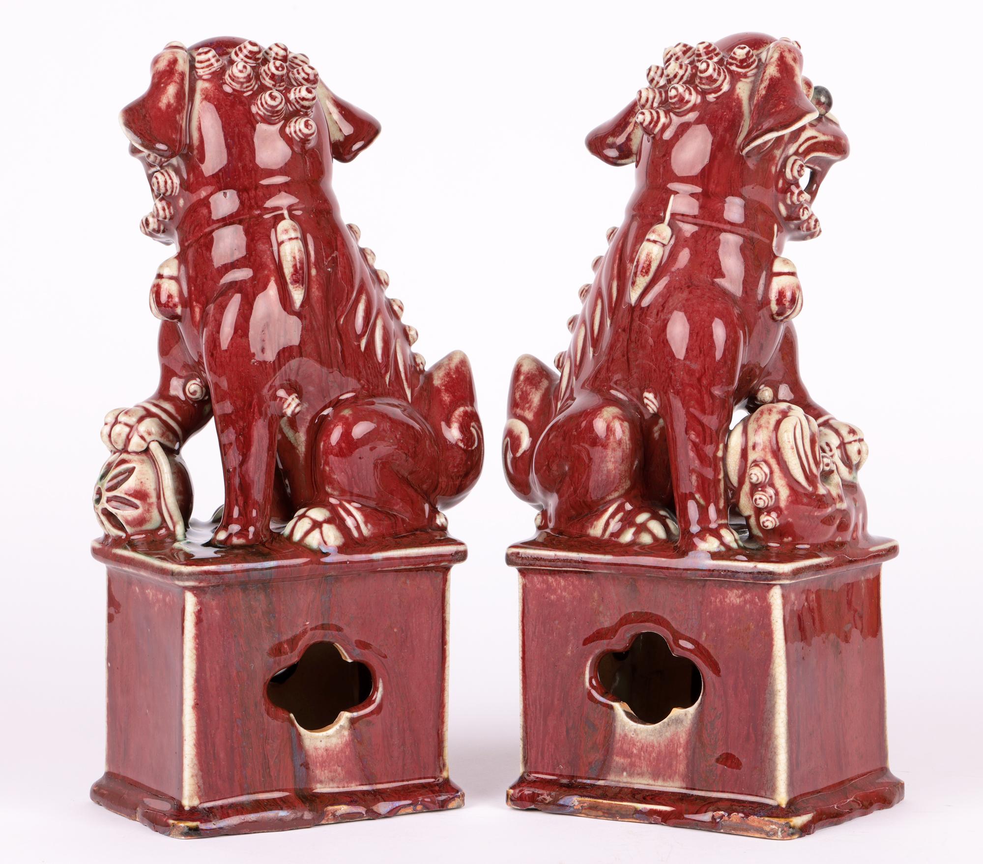 Chinese Qing Pair Jun-Ware Liver Red Glazed Foo Dogs For Sale 3