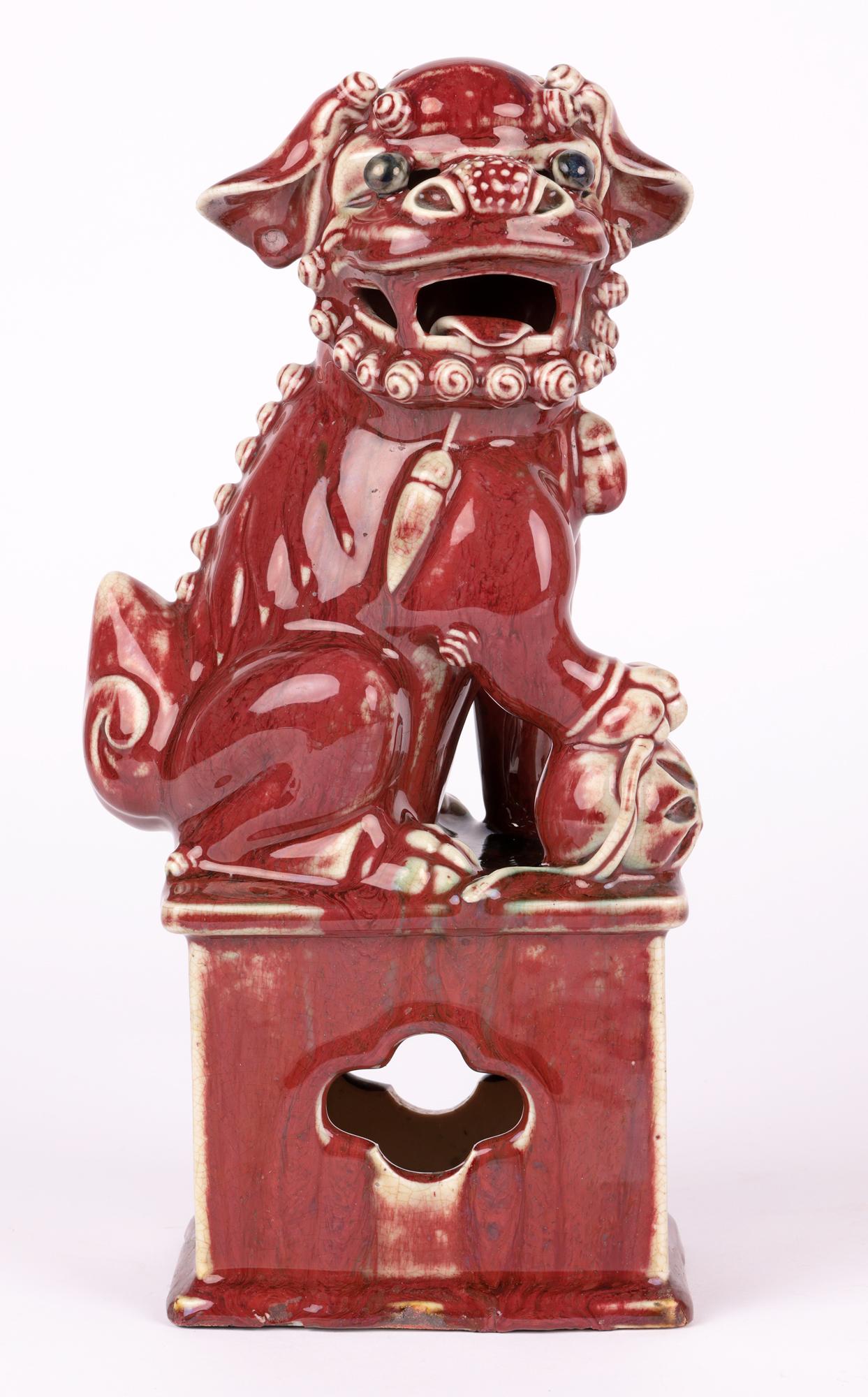 Chinese Qing Pair Jun-Ware Liver Red Glazed Foo Dogs For Sale 4