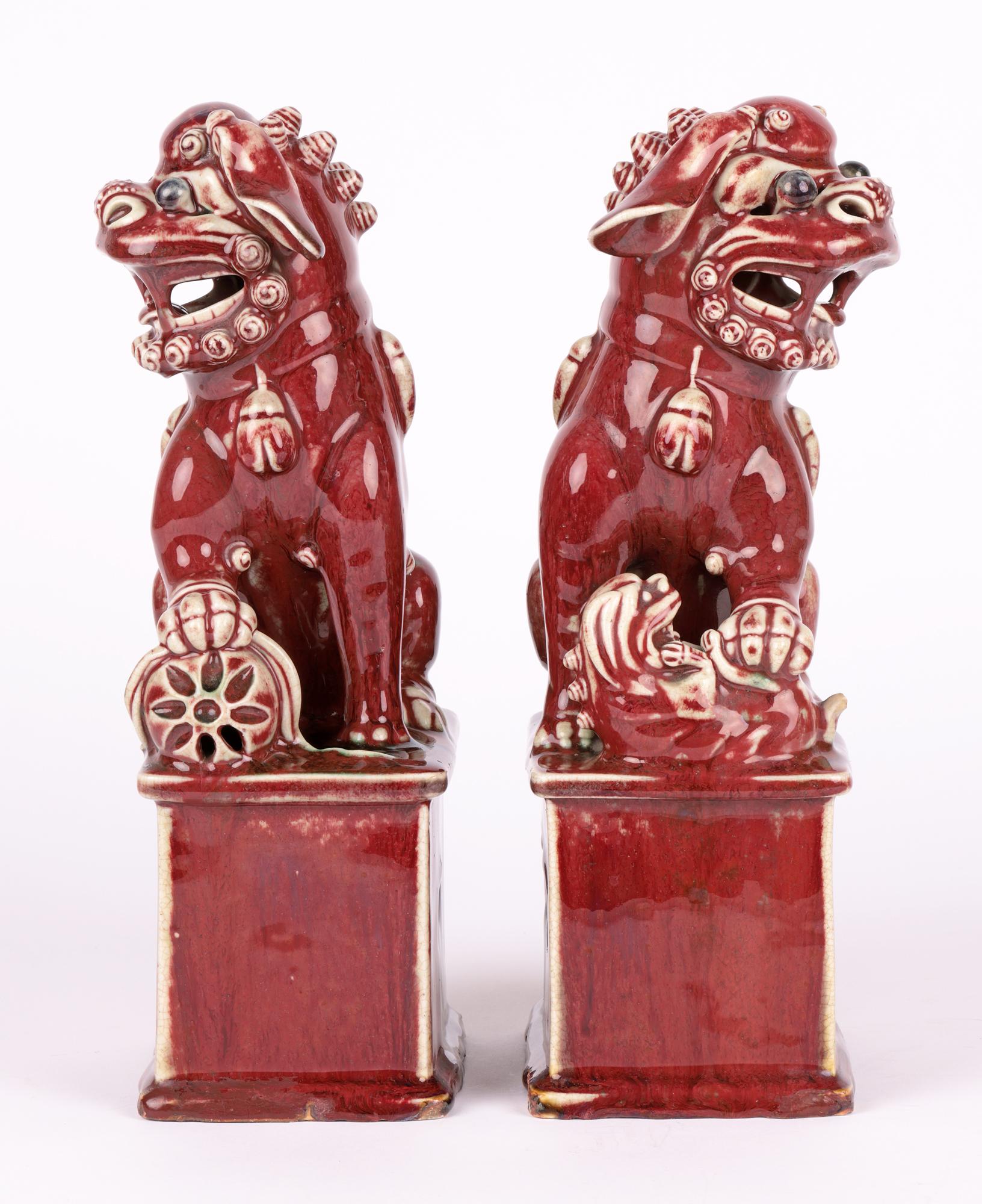 Chinese Qing Pair Jun-Ware Liver Red Glazed Foo Dogs For Sale 6