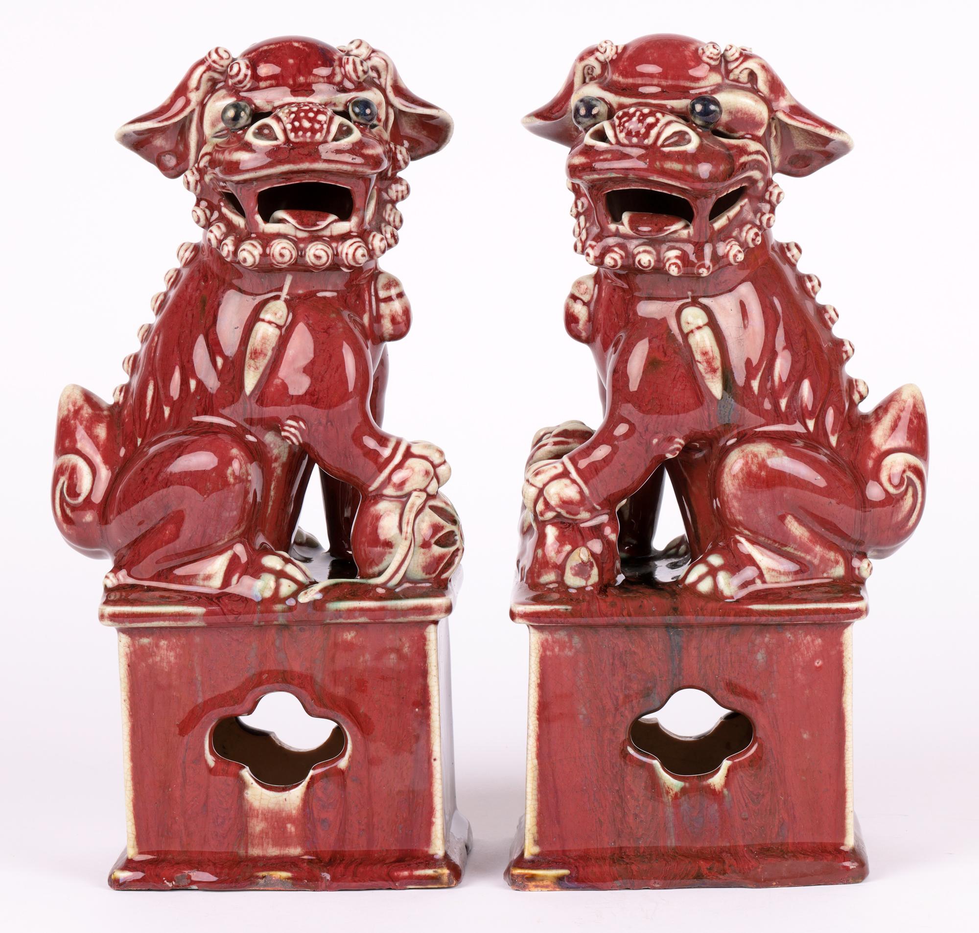Chinese Qing Pair Jun-Ware Liver Red Glazed Foo Dogs For Sale 11