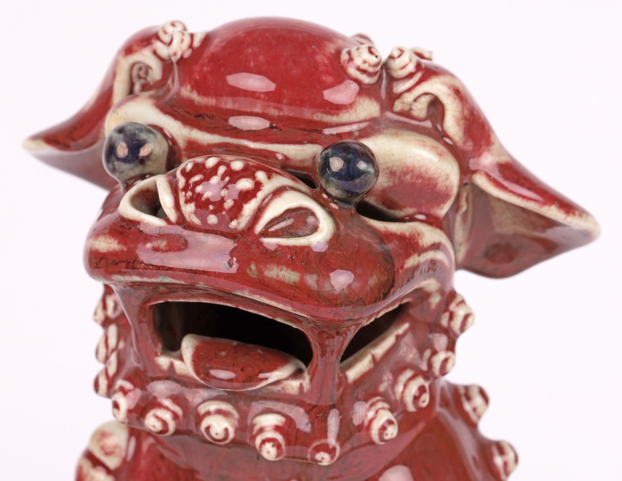 Chinese Qing Pair Jun-Ware Liver Red Glazed Foo Dogs In Good Condition For Sale In Bishop's Stortford, Hertfordshire