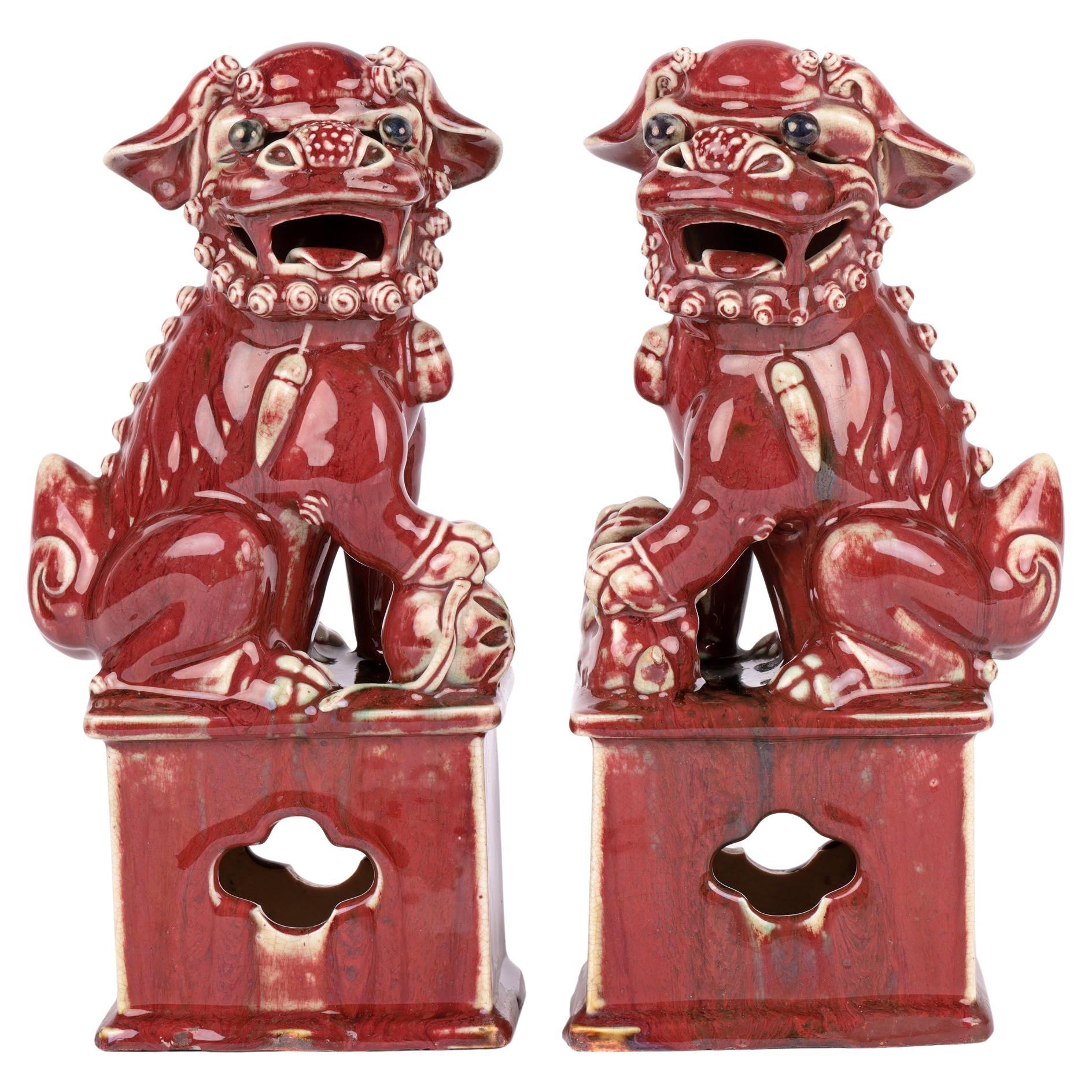 Chinese Qing Pair Jun-Ware Liver Red Glazed Foo Dogs For Sale