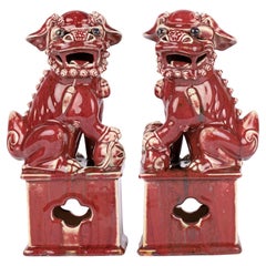 Antique Chinese Qing Pair Jun-Ware Liver Red Glazed Foo Dogs