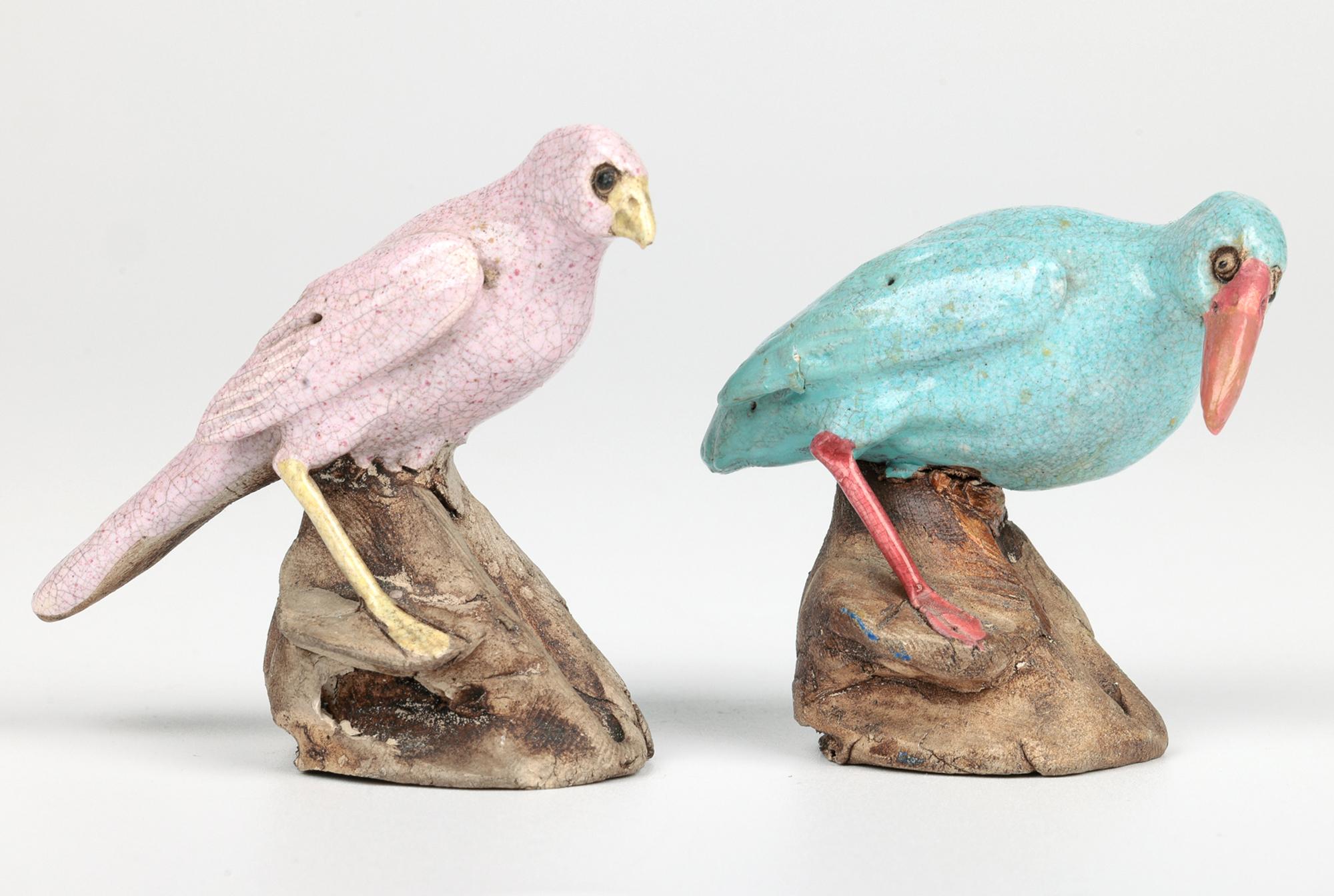 Chinese Qing Pair Unusual Guangdong Stoneware Birds on Rocks 5