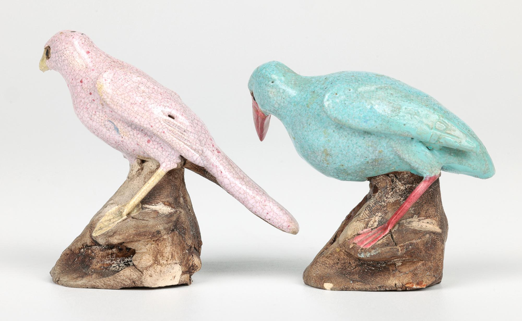 Chinese Qing Pair Unusual Guangdong Stoneware Birds on Rocks 7