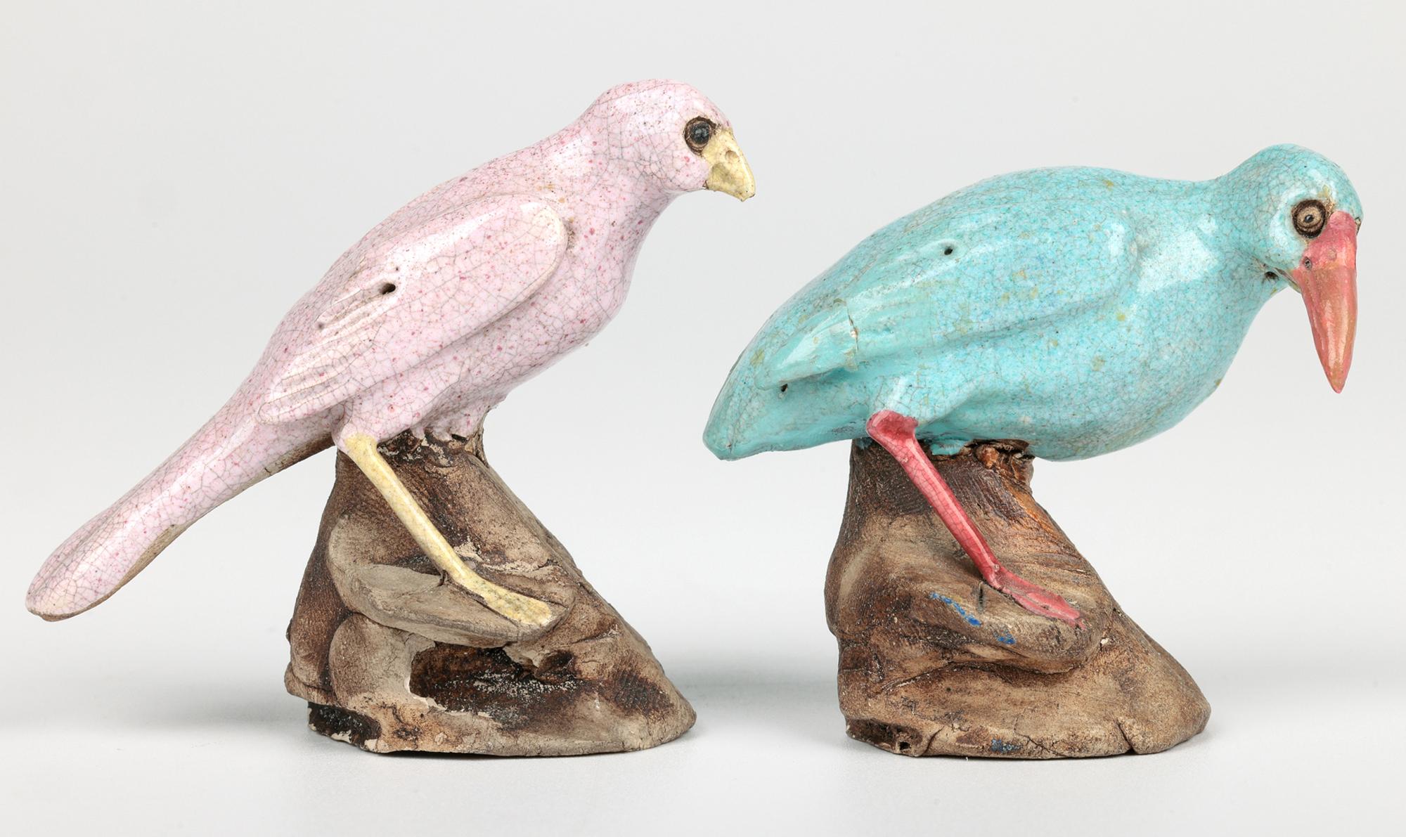 Chinese Qing Pair Unusual Guangdong Stoneware Birds on Rocks 10