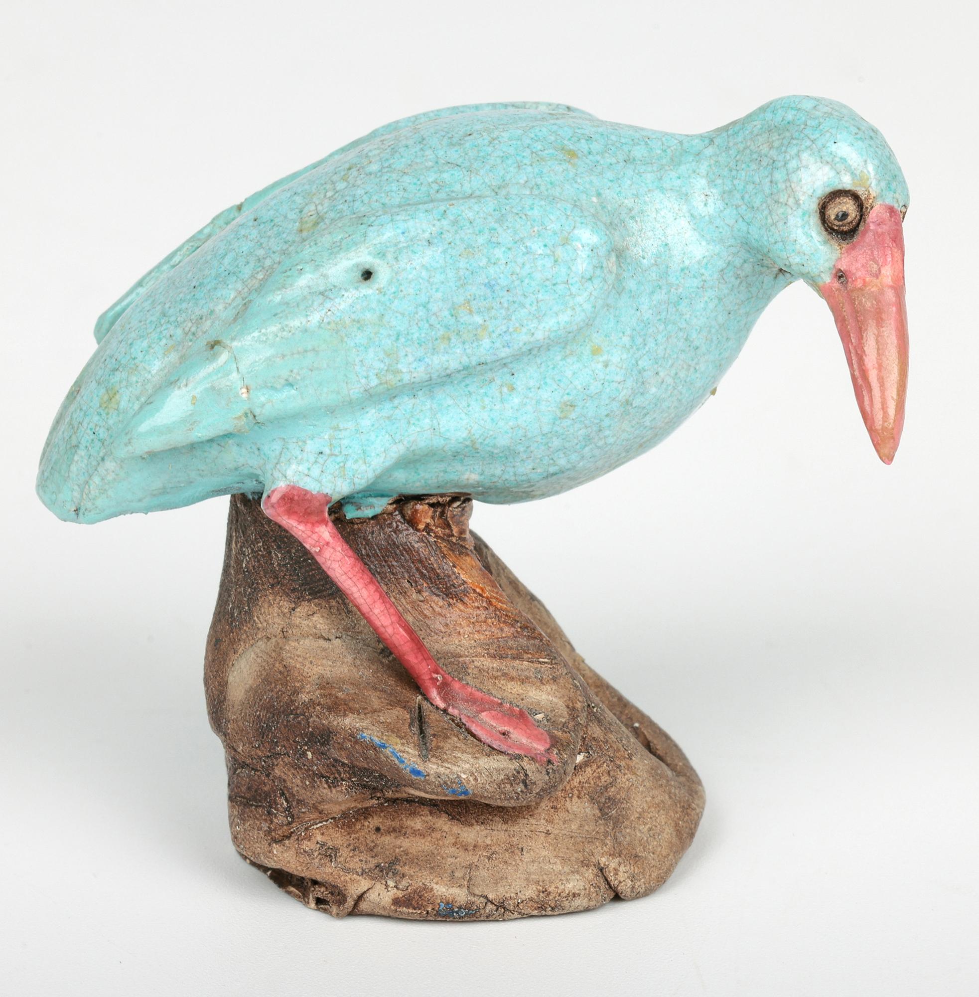Glazed Chinese Qing Pair Unusual Guangdong Stoneware Birds on Rocks