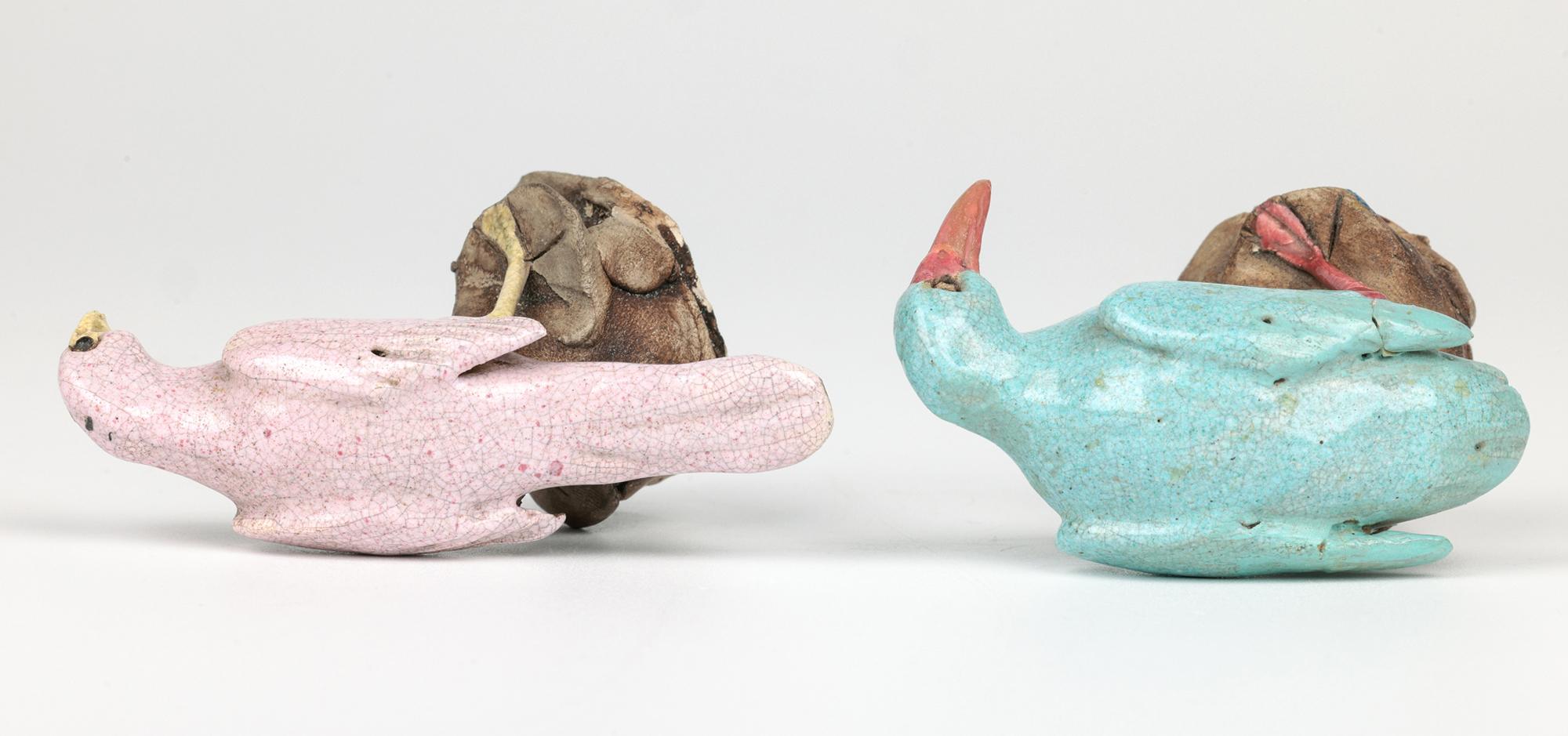 Chinese Qing Pair Unusual Guangdong Stoneware Birds on Rocks 2