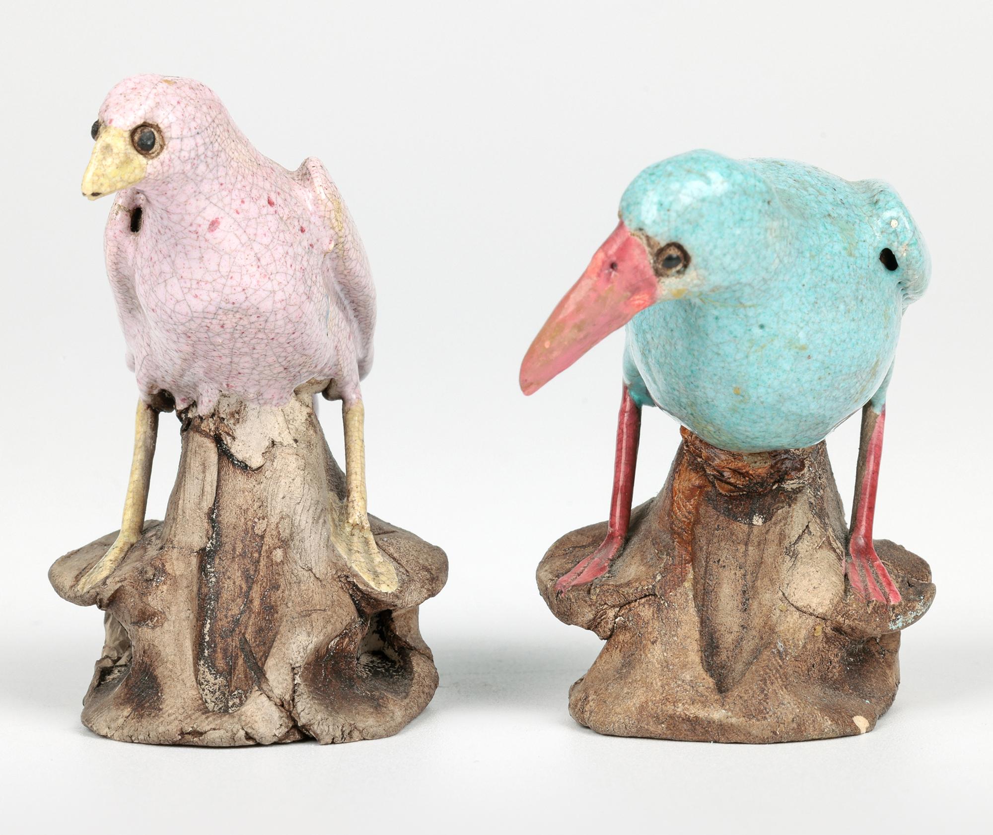 Chinese Qing Pair Unusual Guangdong Stoneware Birds on Rocks 3
