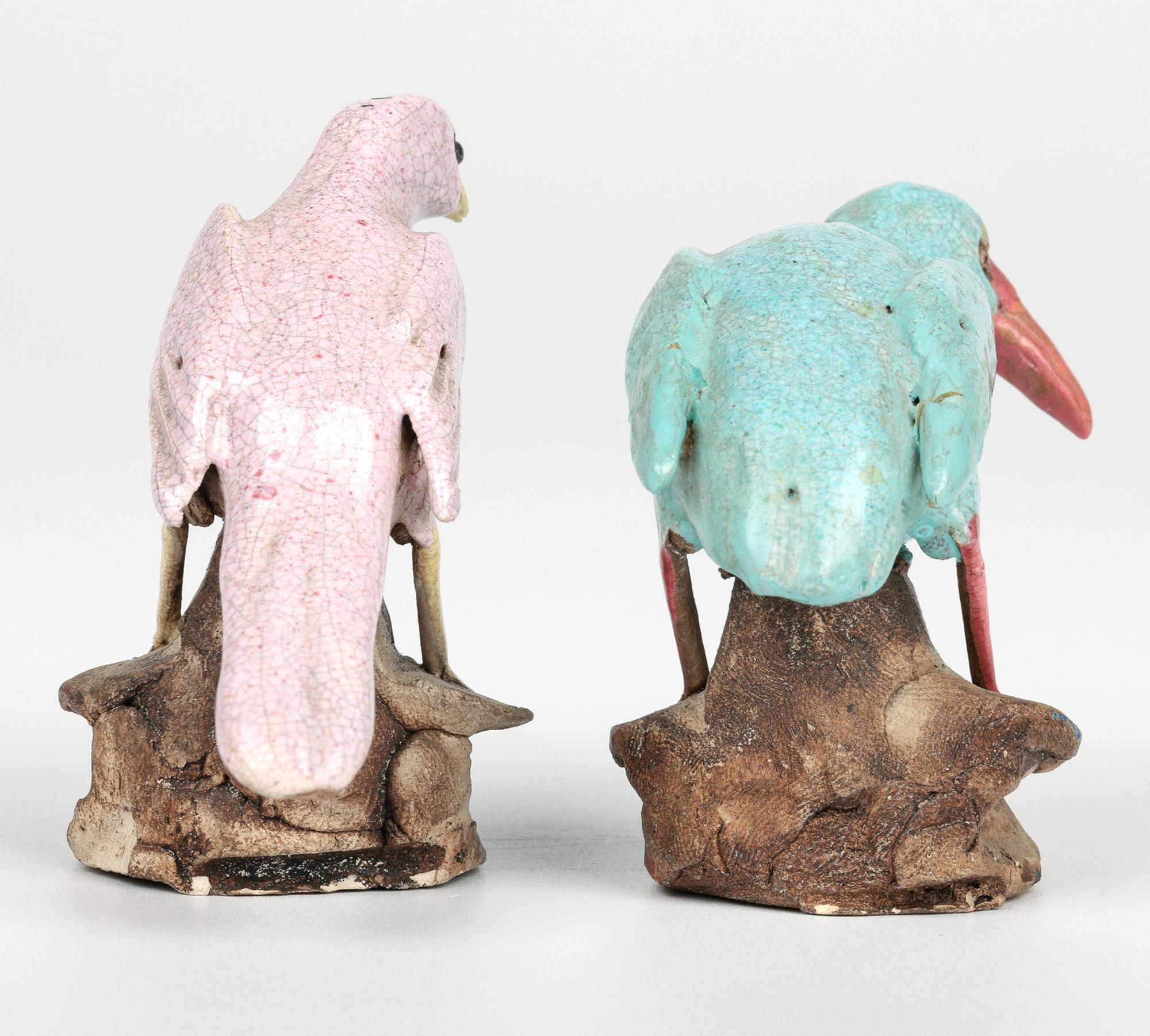 Chinese Qing Pair Unusual Guangdong Stoneware Birds on Rocks 4
