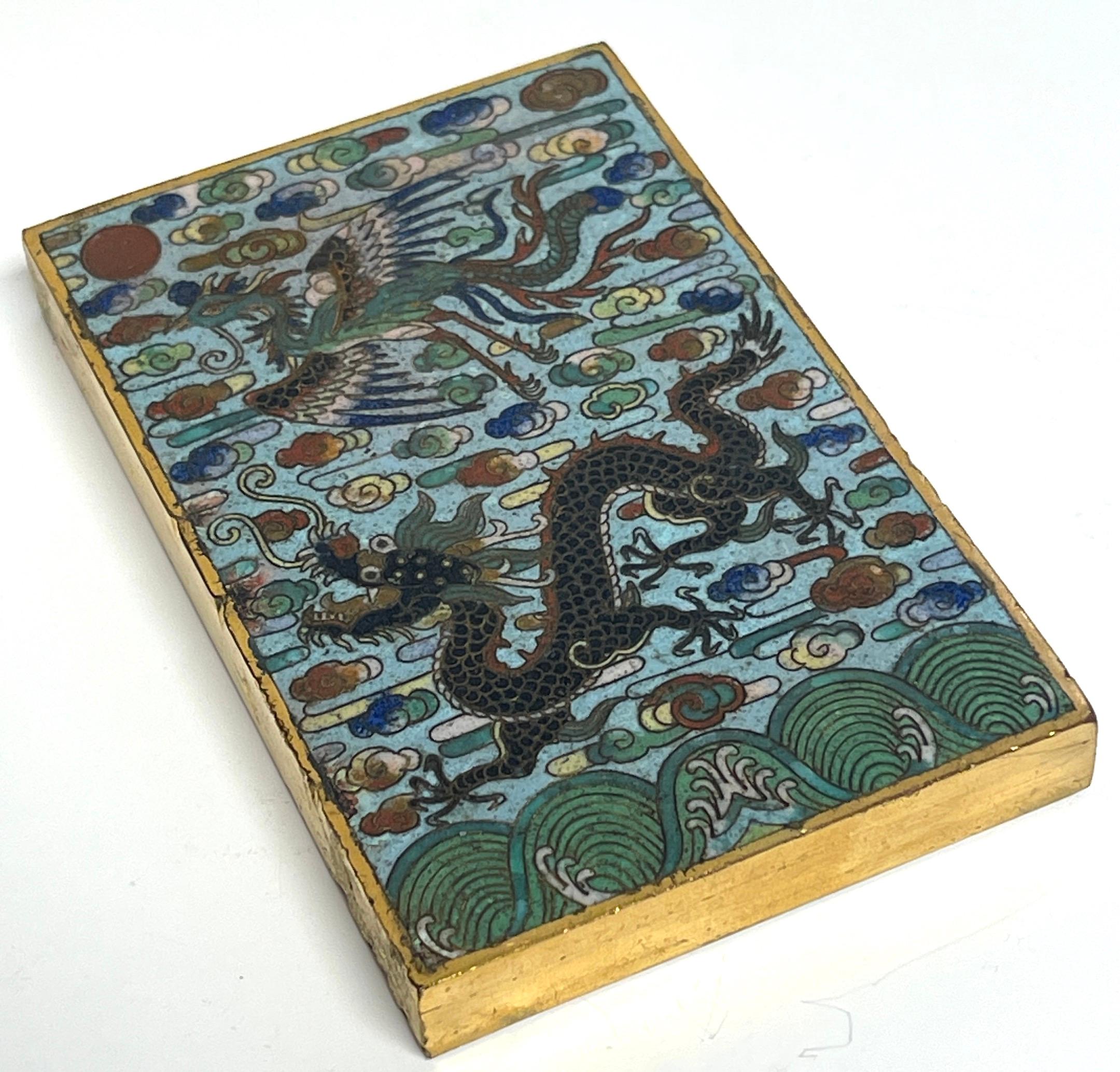 Cloissoné Chinese Qing Period Gold Plated Bronze Cloisonné Dragon & Phoenix Paperweight