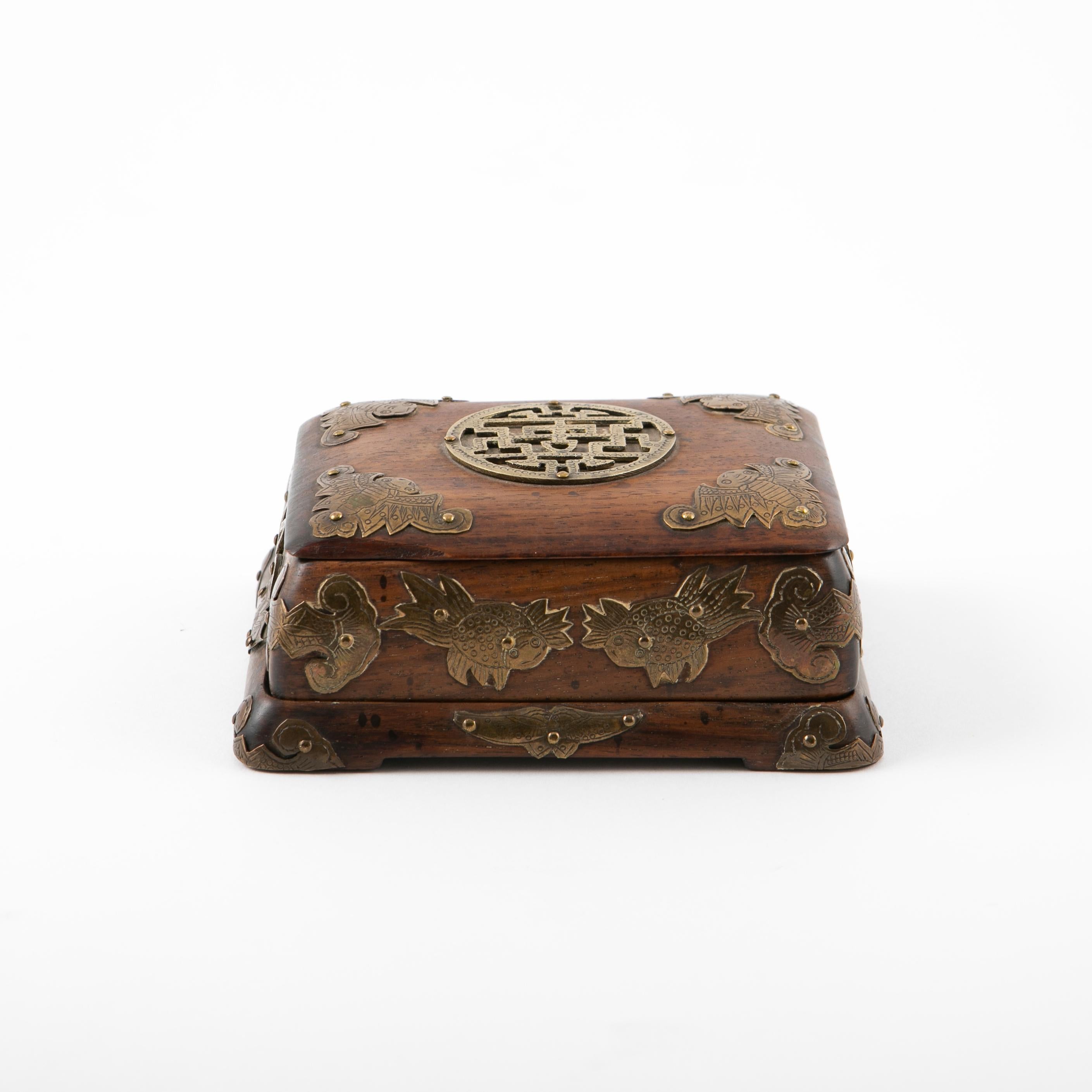 Hand-Crafted Chinese Qing Period Huanghuali Wood and Bronze Box For Sale