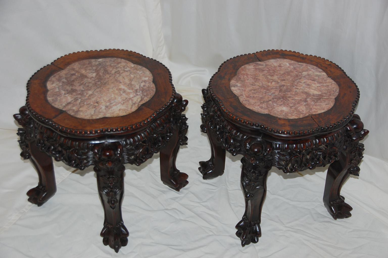 Chinese Qing Period Pair of Rosewood Carved Stools with Rose Marble Inlaid Top In Good Condition In Wells, ME