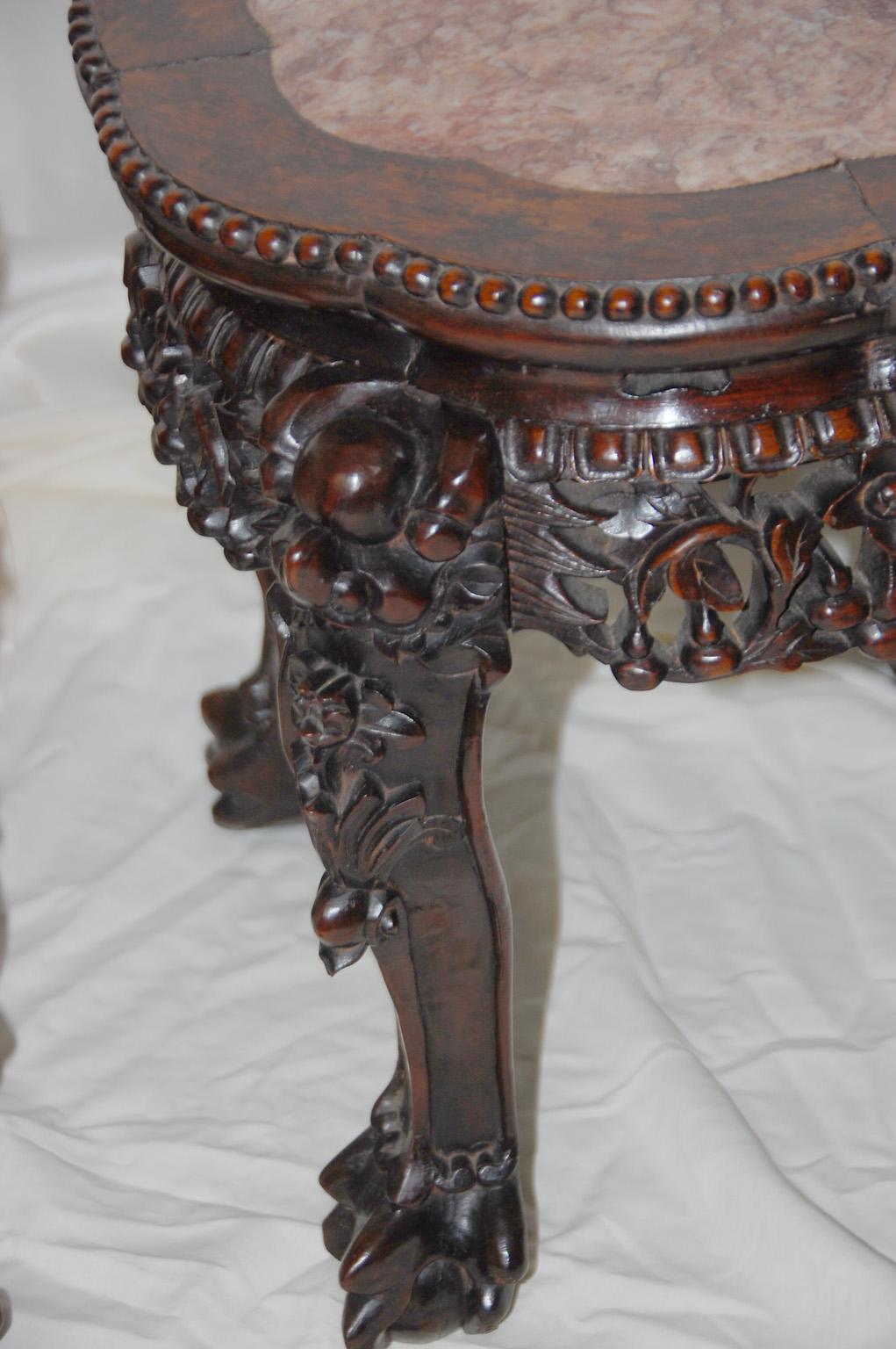 19th Century Chinese Qing Period Pair of Rosewood Carved Stools with Rose Marble Inlaid Top