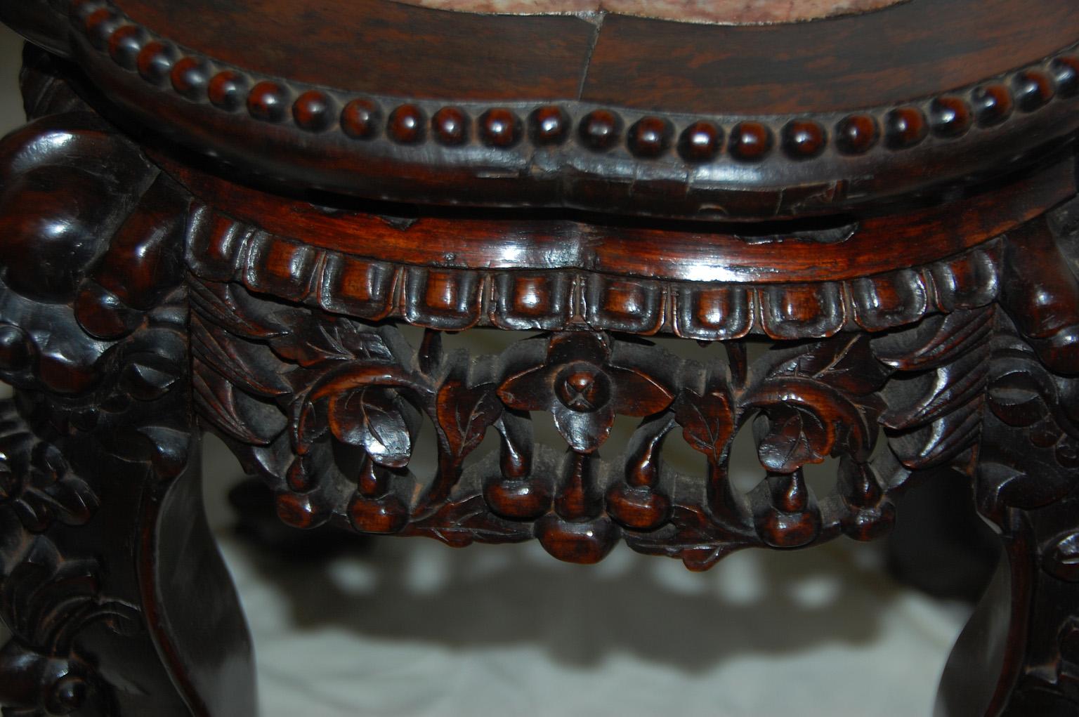 Chinese Qing Period Pair of Rosewood Carved Stools with Rose Marble Inlaid Top 1