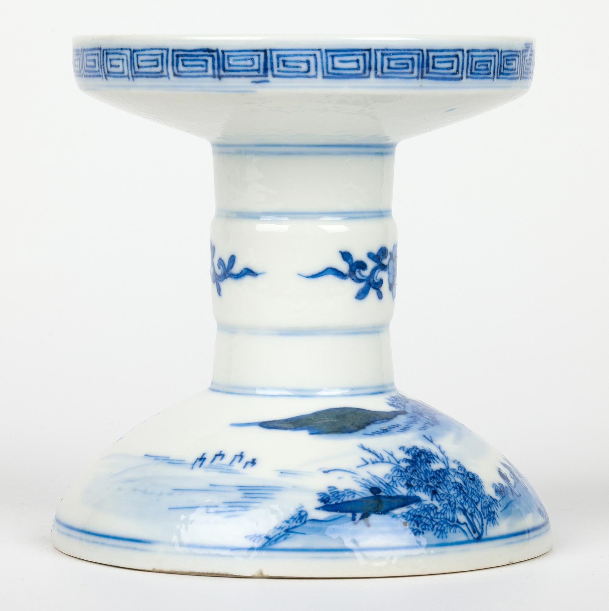 Chinese Qing Porcelain Blue & White Landscape Altar Candle Holder For Sale 6