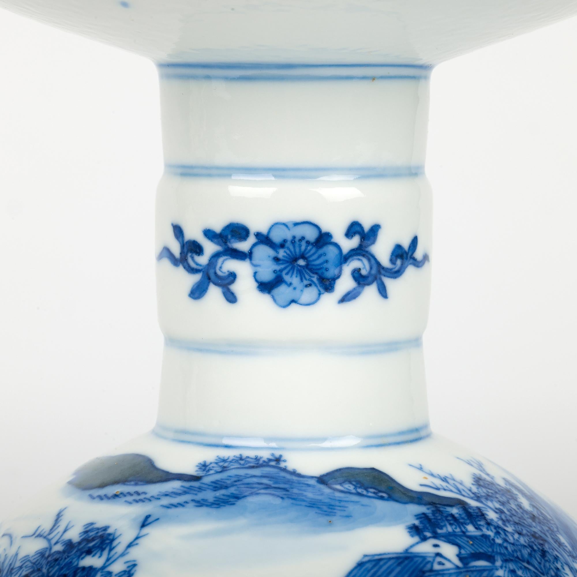 Chinese Qing Porcelain Blue & White Landscape Altar Candle Holder For Sale 10