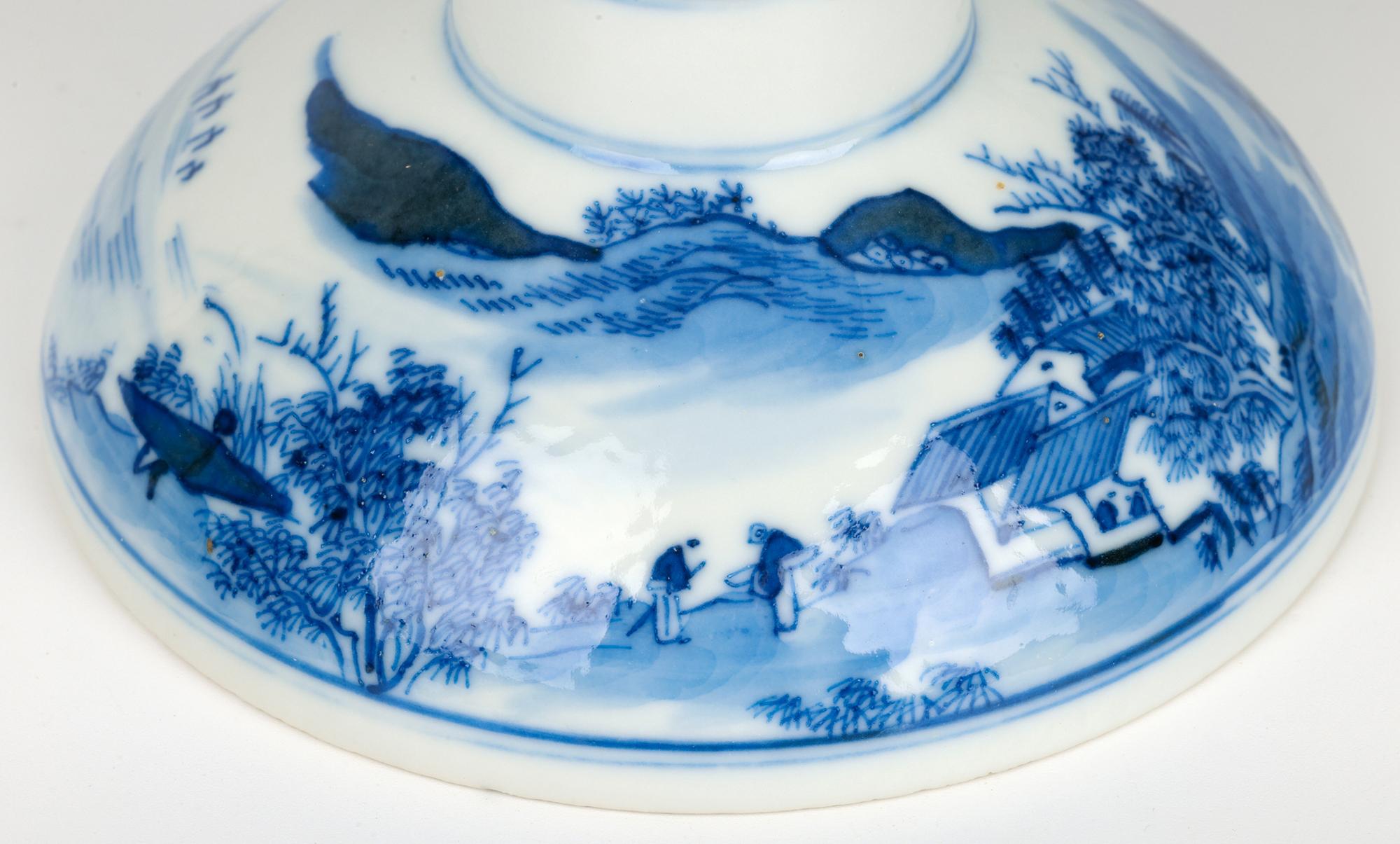 Chinese Qing Porcelain Blue & White Landscape Altar Candle Holder For Sale 11