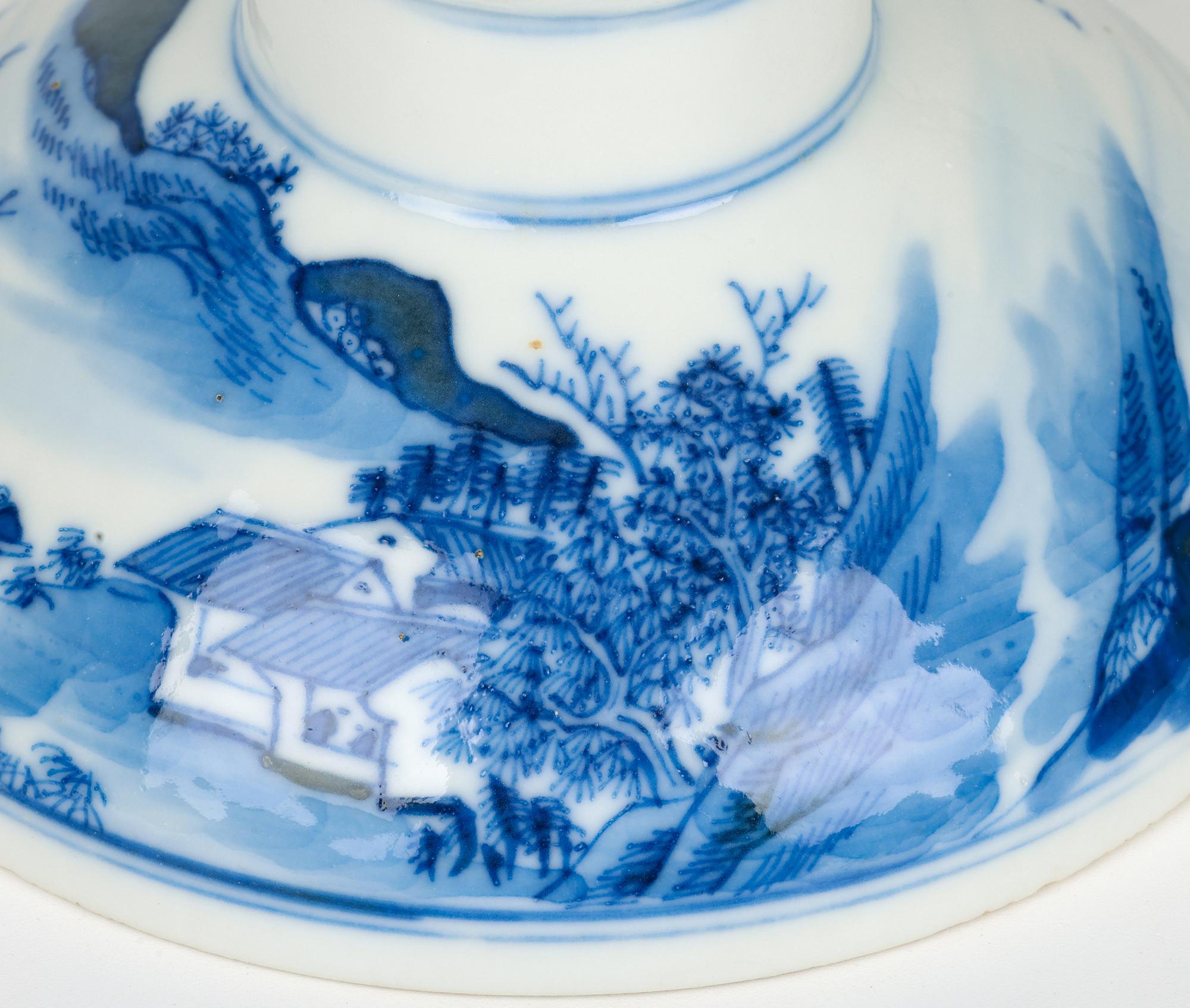 Chinese Qing Porcelain Blue & White Landscape Altar Candle Holder For Sale 12