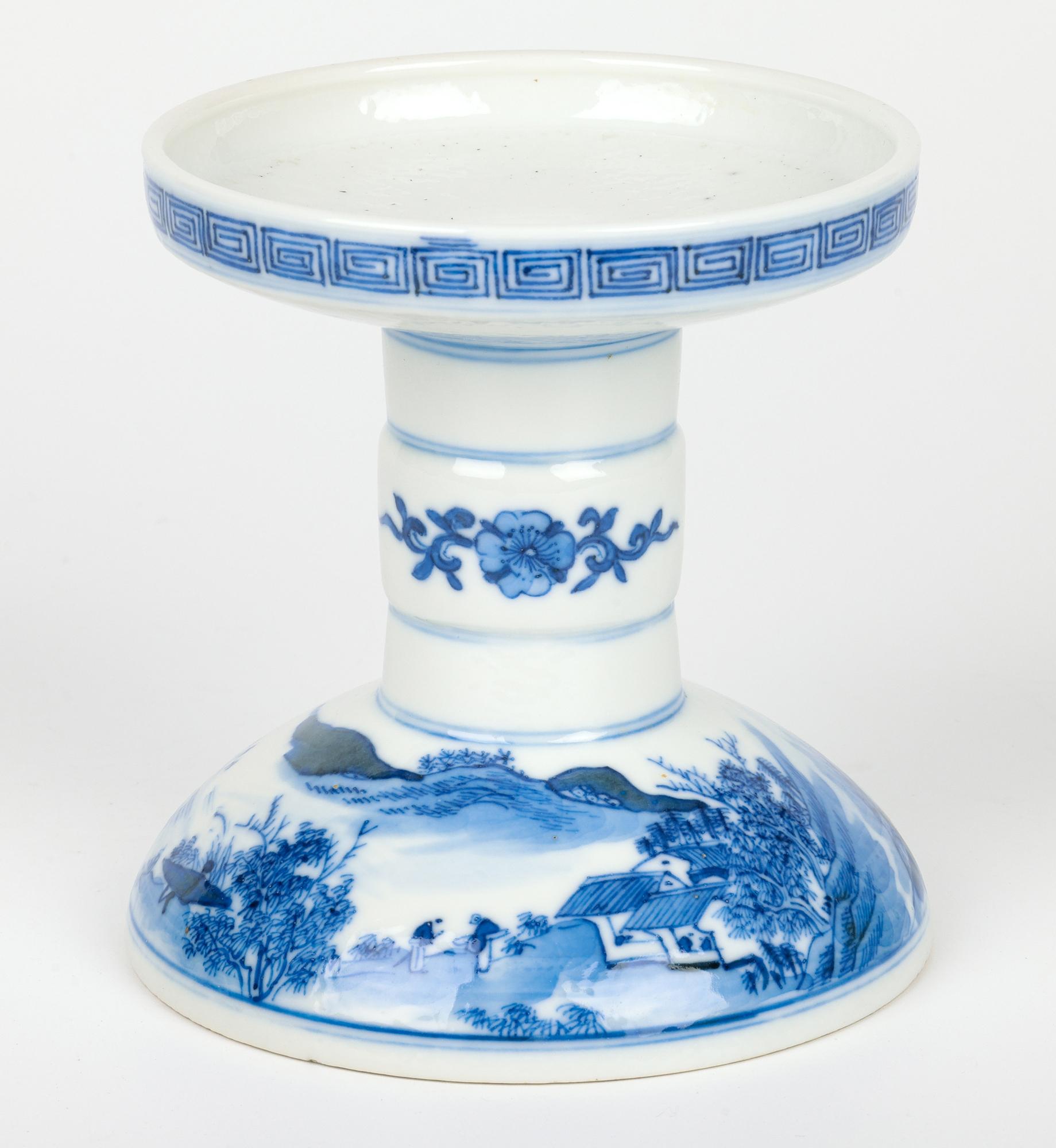 Chinese Qing Porcelain Blue & White Landscape Altar Candle Holder For Sale 13