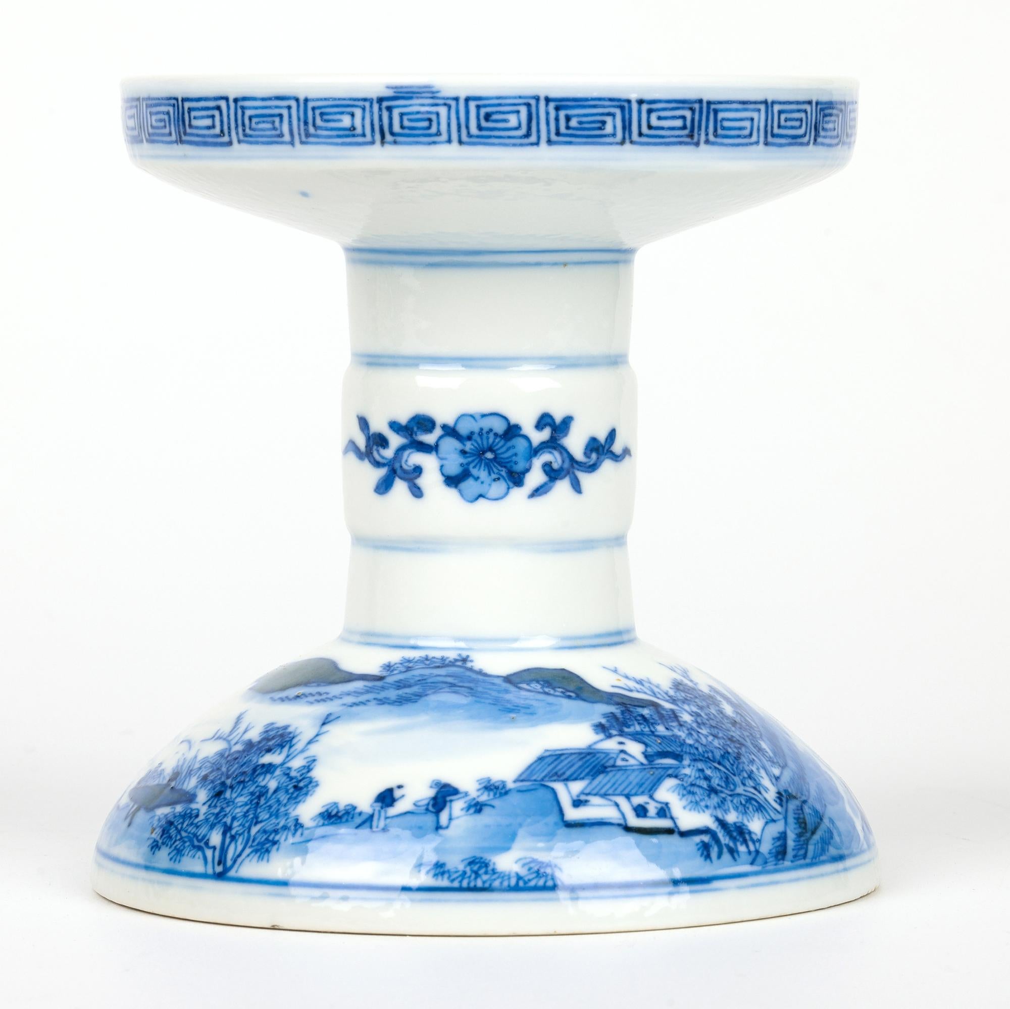 Glazed Chinese Qing Porcelain Blue & White Landscape Altar Candle Holder For Sale