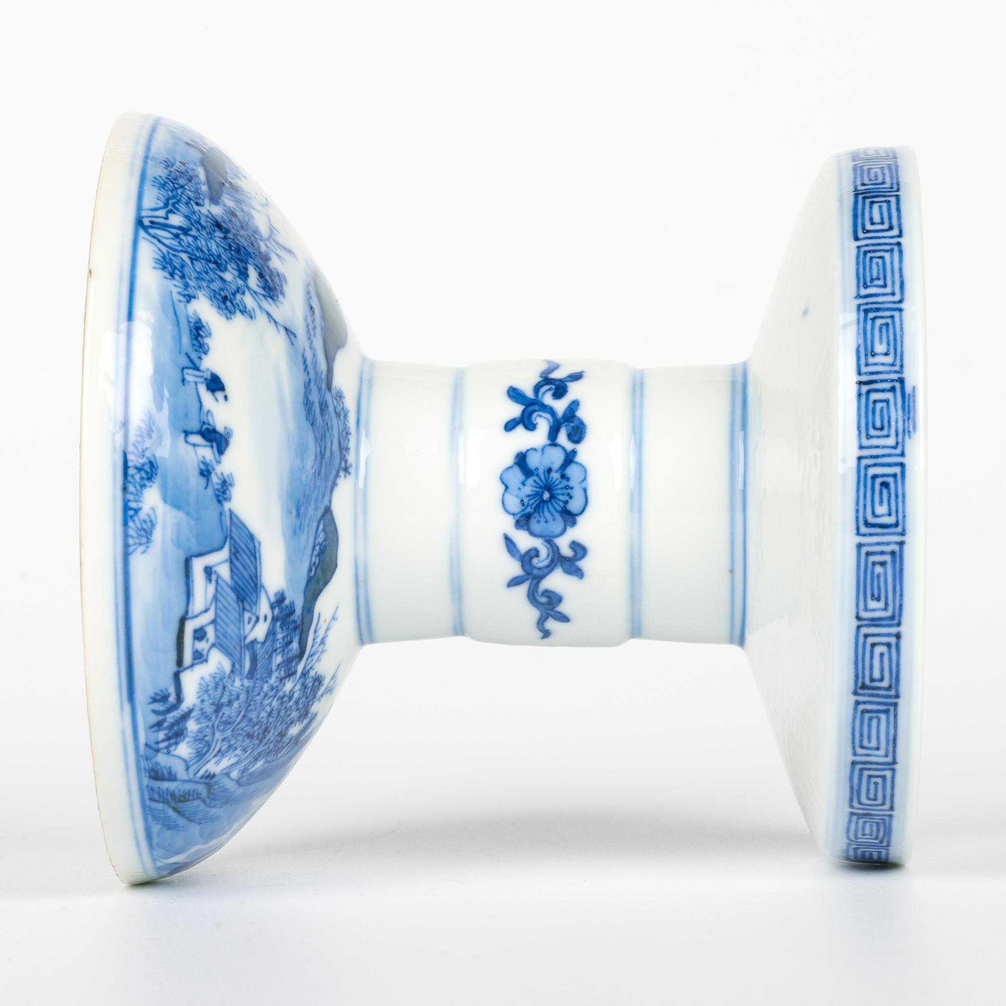 19th Century Chinese Qing Porcelain Blue & White Landscape Altar Candle Holder For Sale